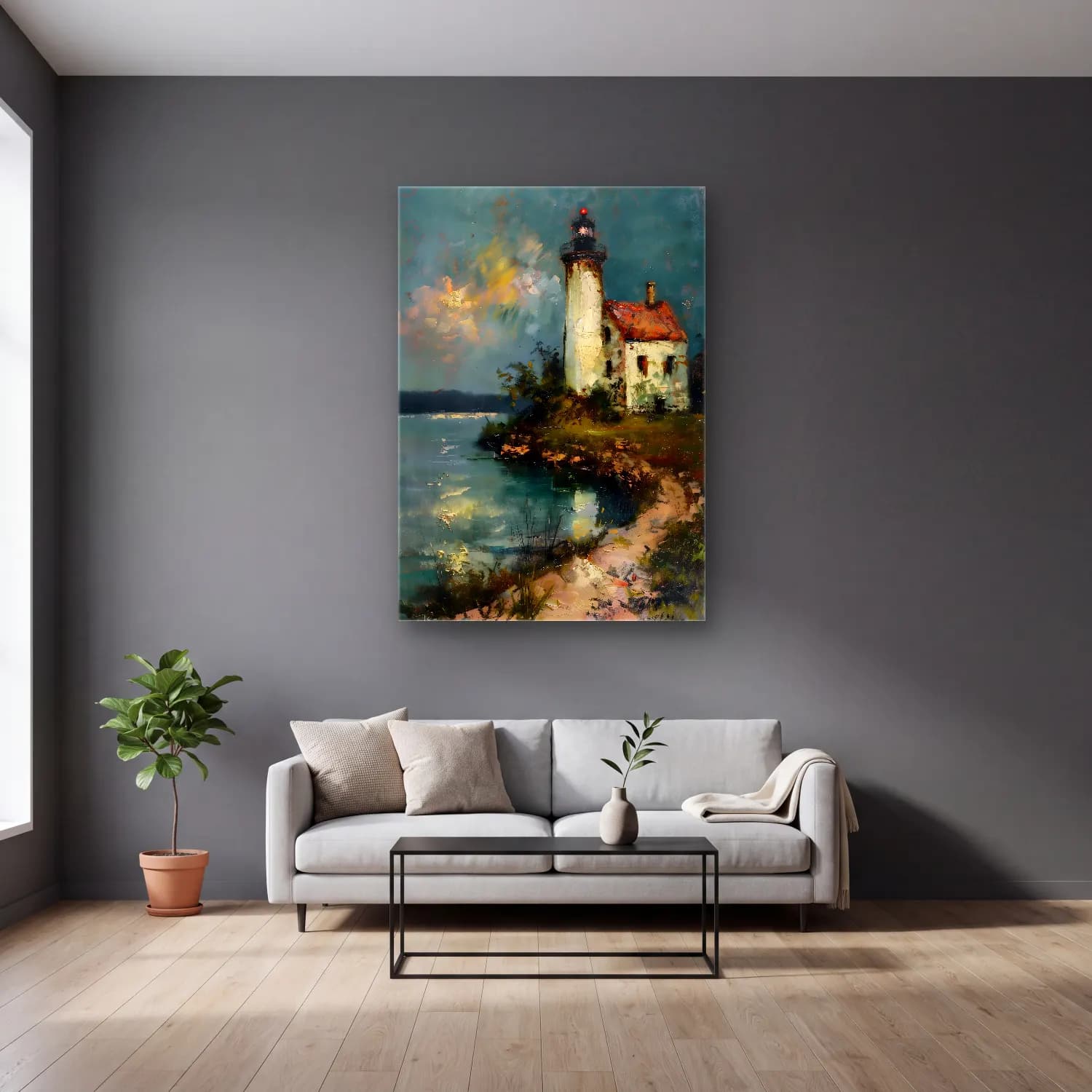 Yağlı Boya Deniz Feneri No. 7 cam tablo — gri duvarlı salonda