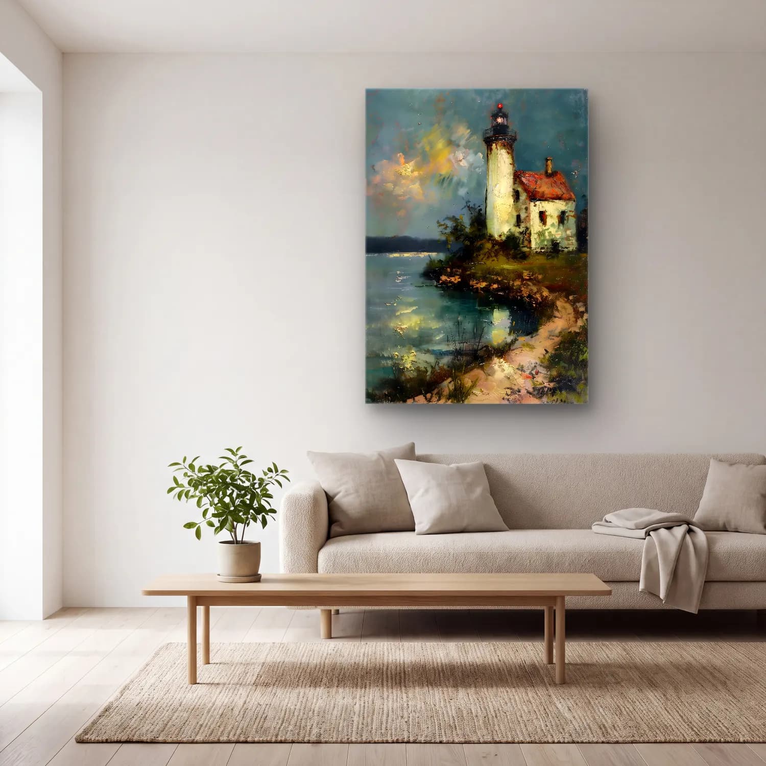 Yağlı Boya Deniz Feneri No. 7 cam tablo — açık renk salonda