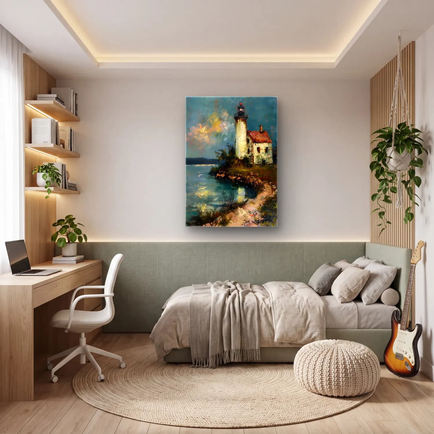 Yağlı Boya Deniz Feneri No. 7 cam tablo — genç odasında