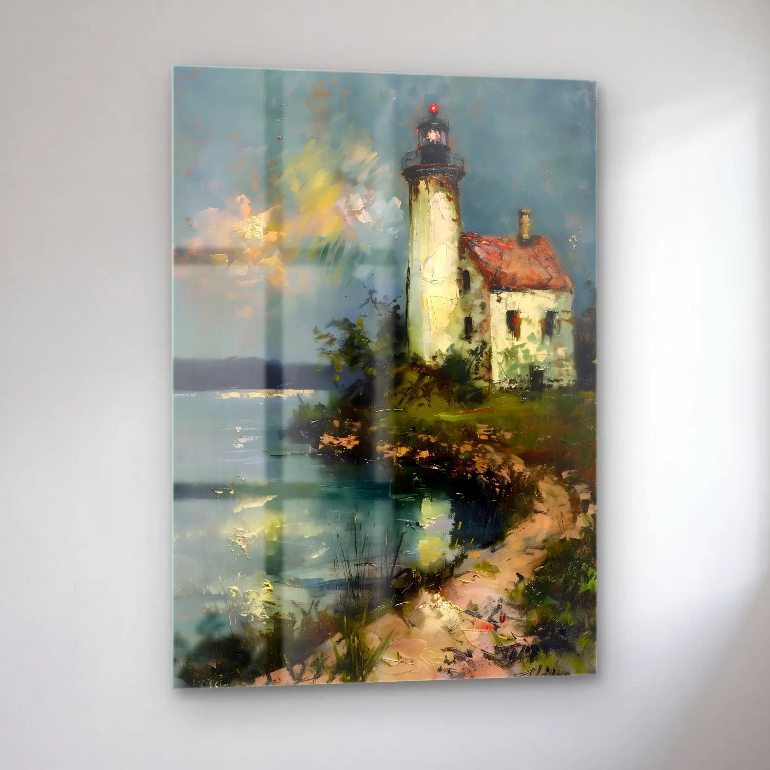 Yağlı Boya Deniz Feneri No. 7 cam tablo — sol açıdan görünüm