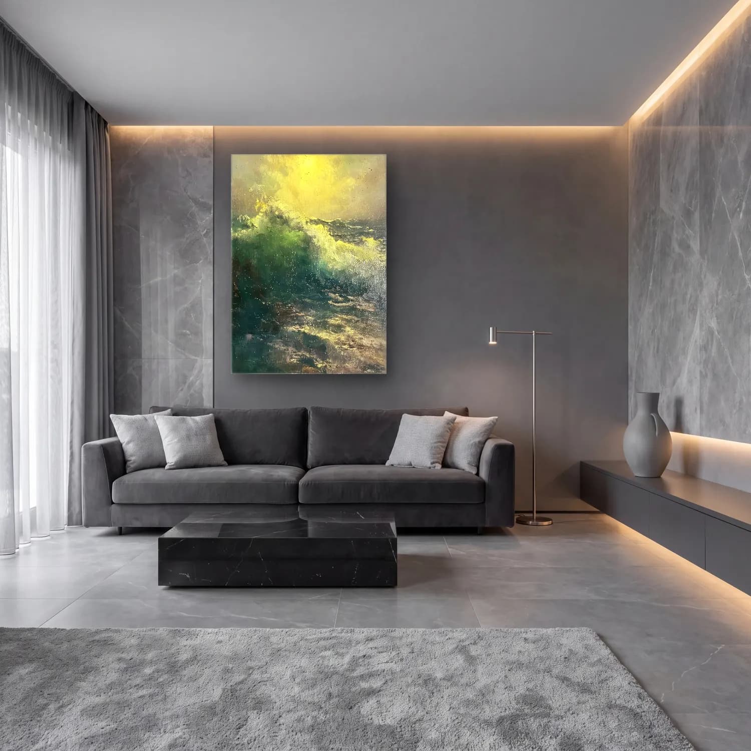 Yağlı Boya Fırtınalı Denizde Gemi No. 12 cam tablo — lüks salon duvarında