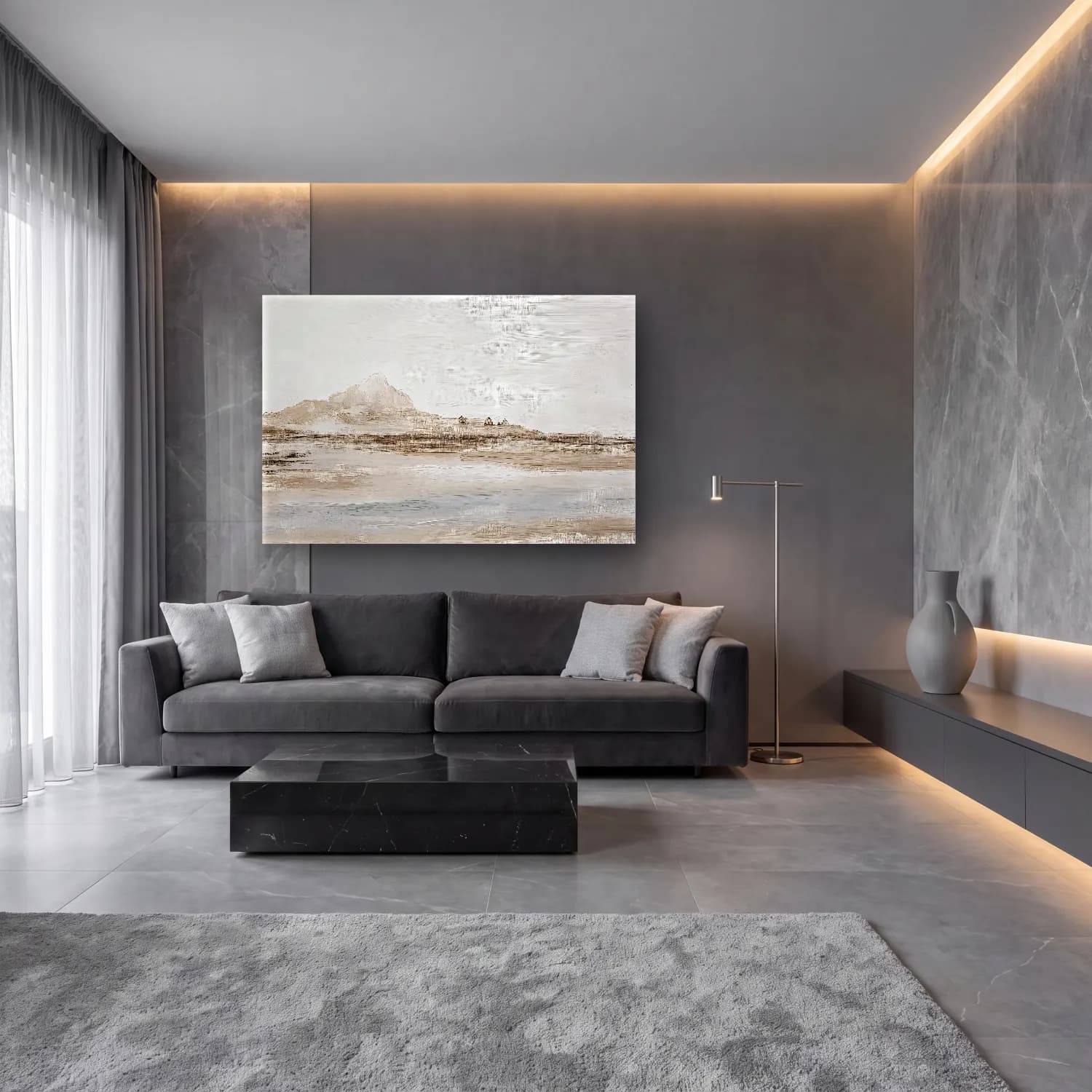 Yağlı Boya Karlı Kış Manzarası No. 5 cam tablo — lüks salon duvarında