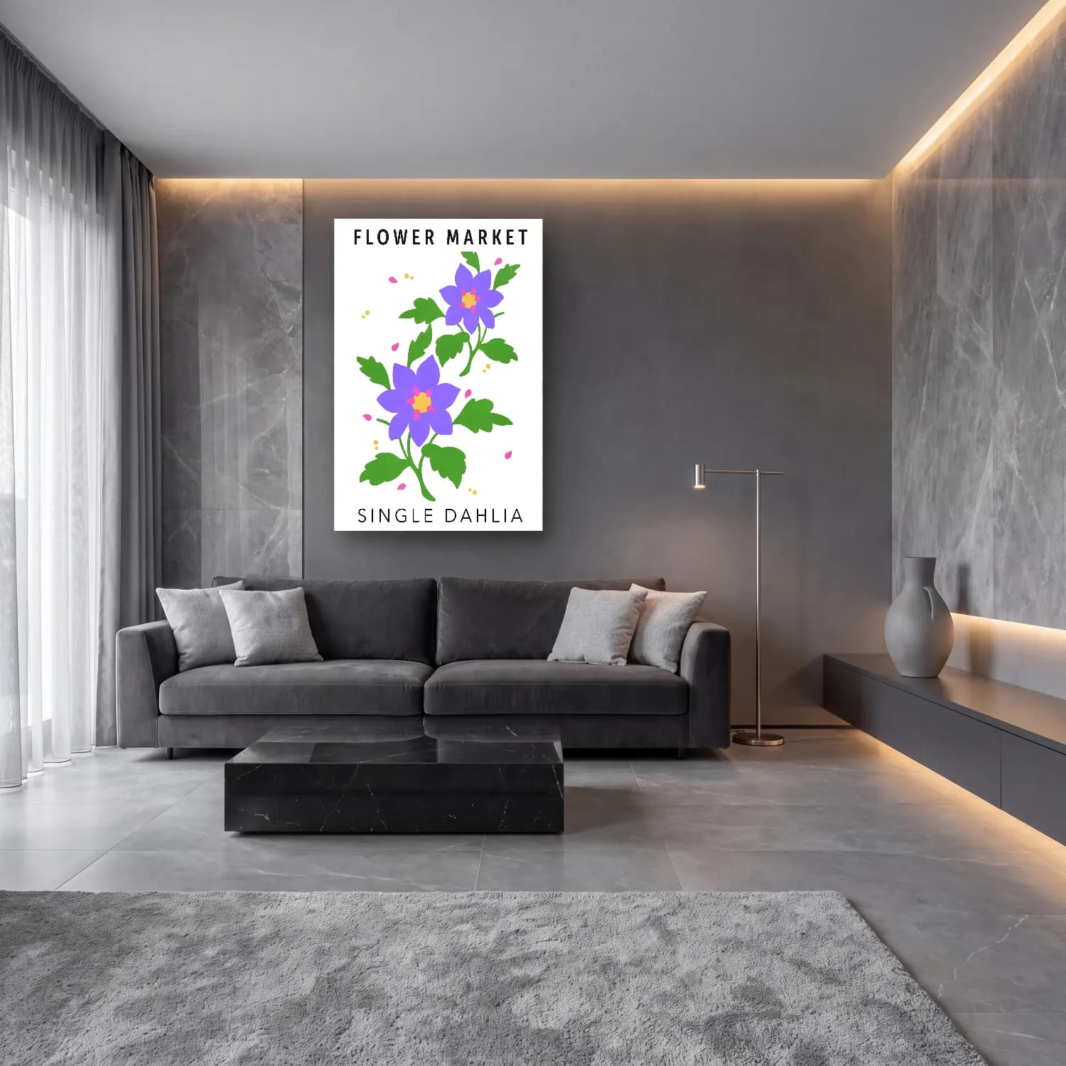 Pastel Çiçek Deseni – Mor Tonlar cam tablo — lüks salon duvarında