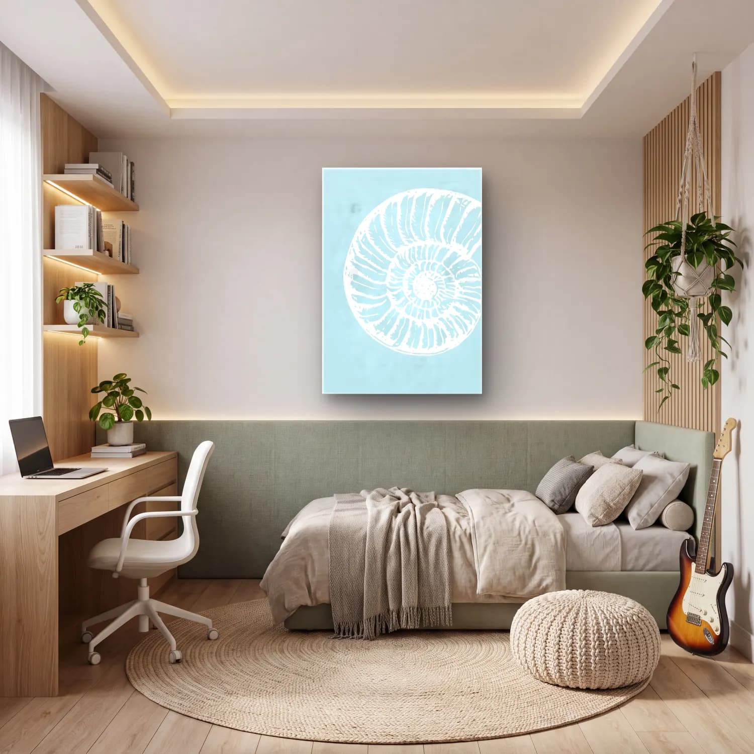 Pastel Deniz Kabukları – Mavi Tonlar cam tablo — genç odasında