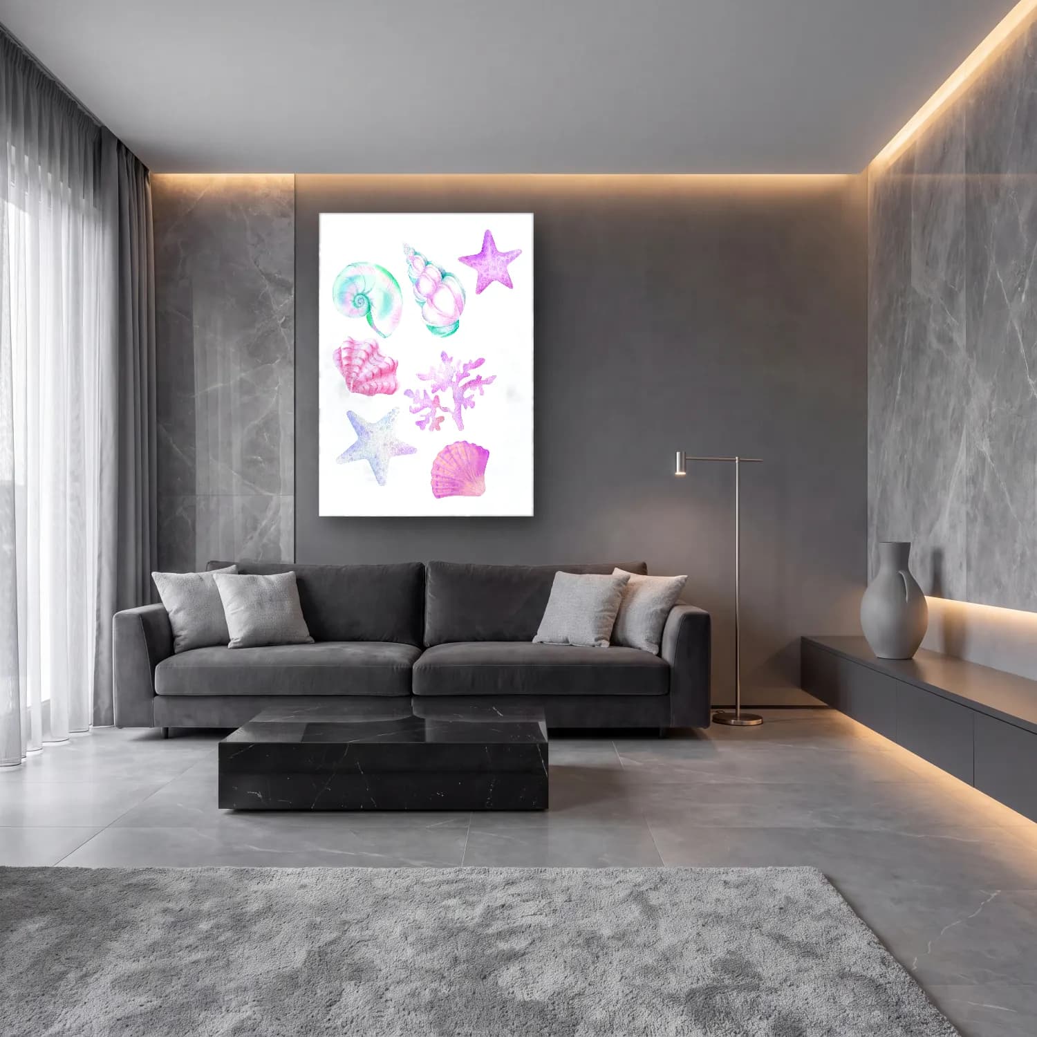 Pastel Deniz Kabukları No. 4 cam tablo — lüks salon duvarında