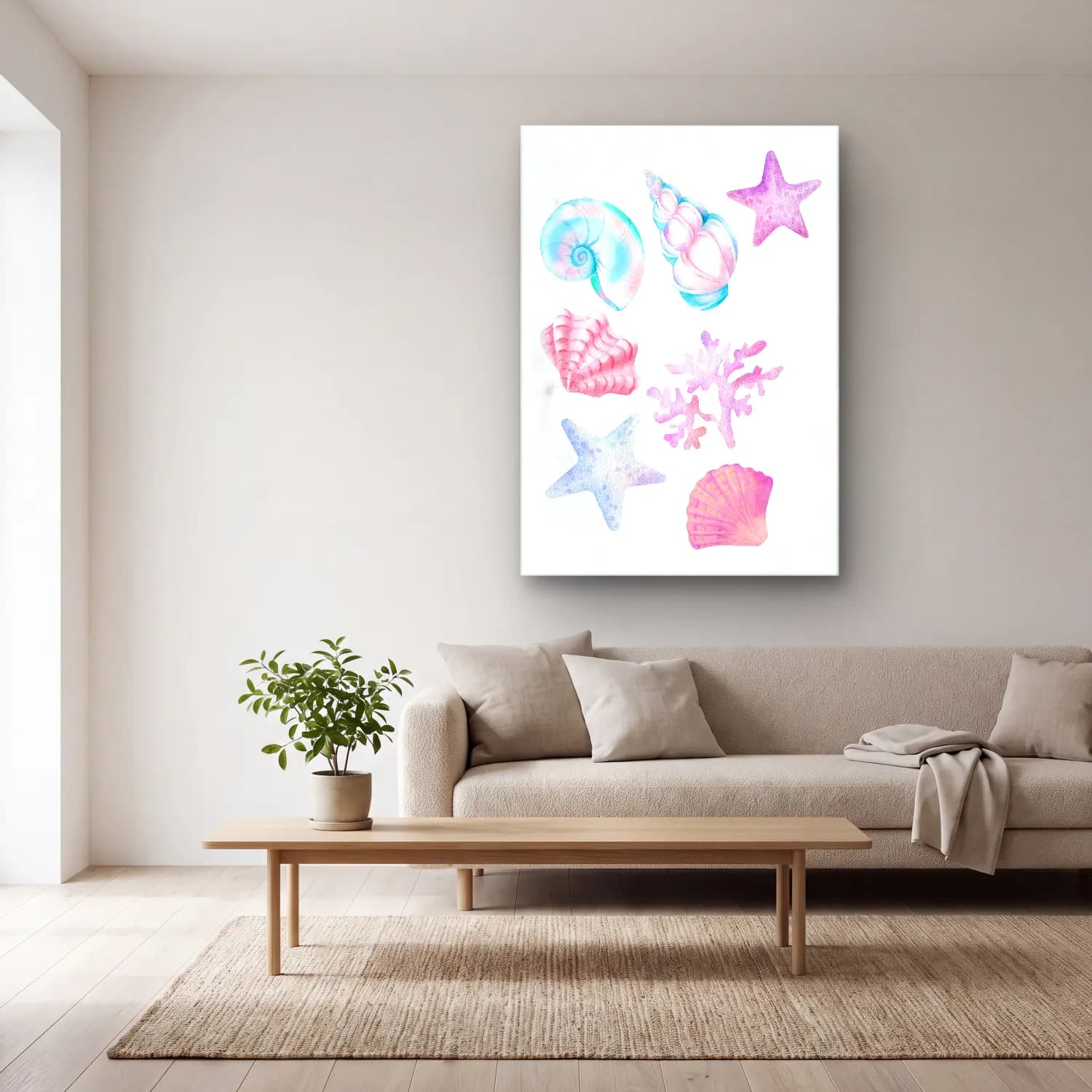 Pastel Deniz Kabukları No. 4 cam tablo — açık renk salonda