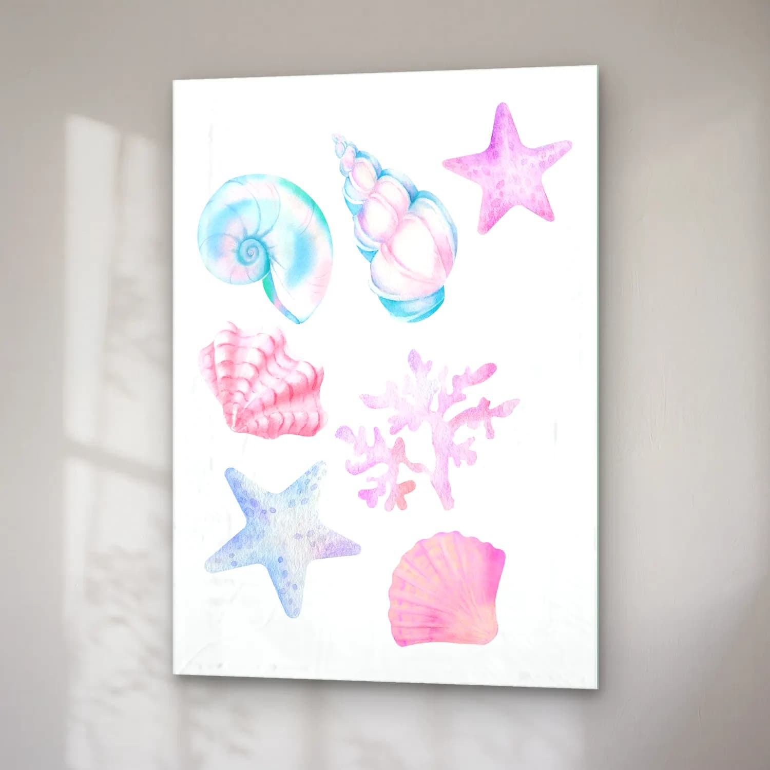 Pastel Deniz Kabukları No. 4 cam tablo — sağ açıdan görünüm