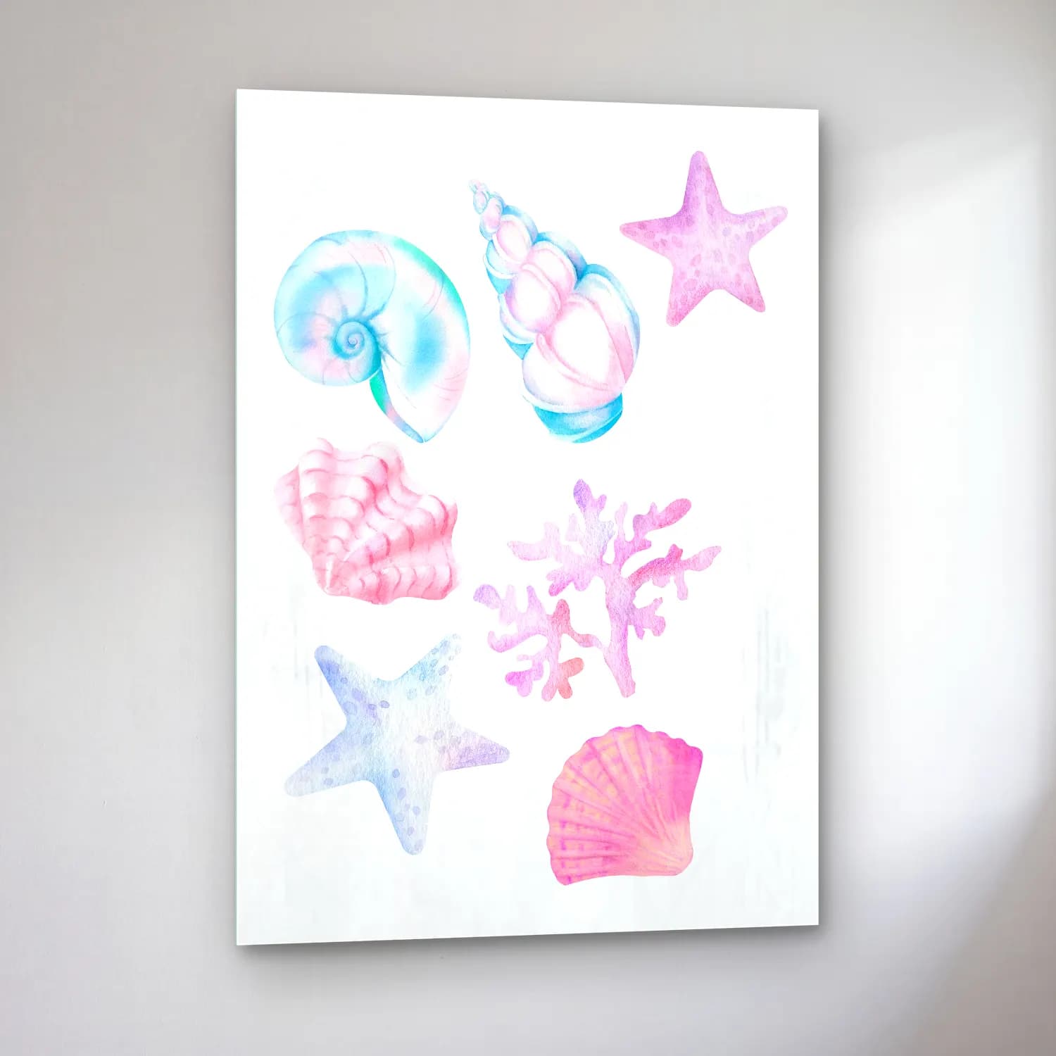 Pastel Deniz Kabukları No. 4 cam tablo — sol açıdan görünüm