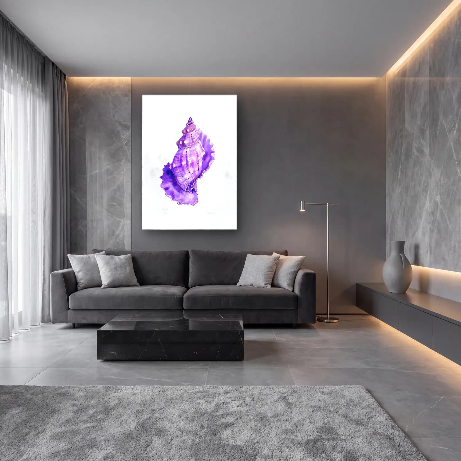 Suluboya Deniz Kabukları No. 8 cam tablo — lüks salon duvarında