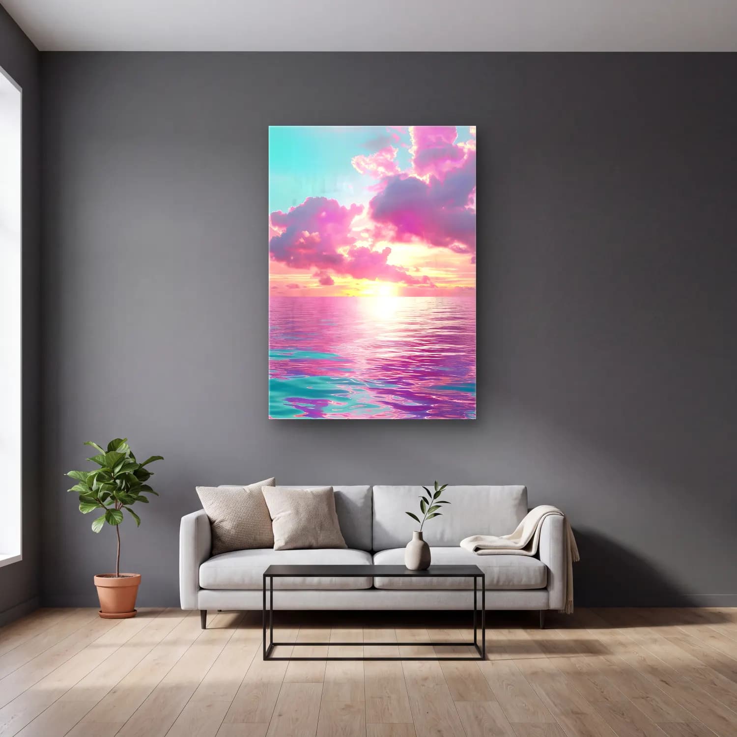 Pastel Sakin Deniz Ufku – Pembe Tonlar cam tablo — gri duvarlı salonda