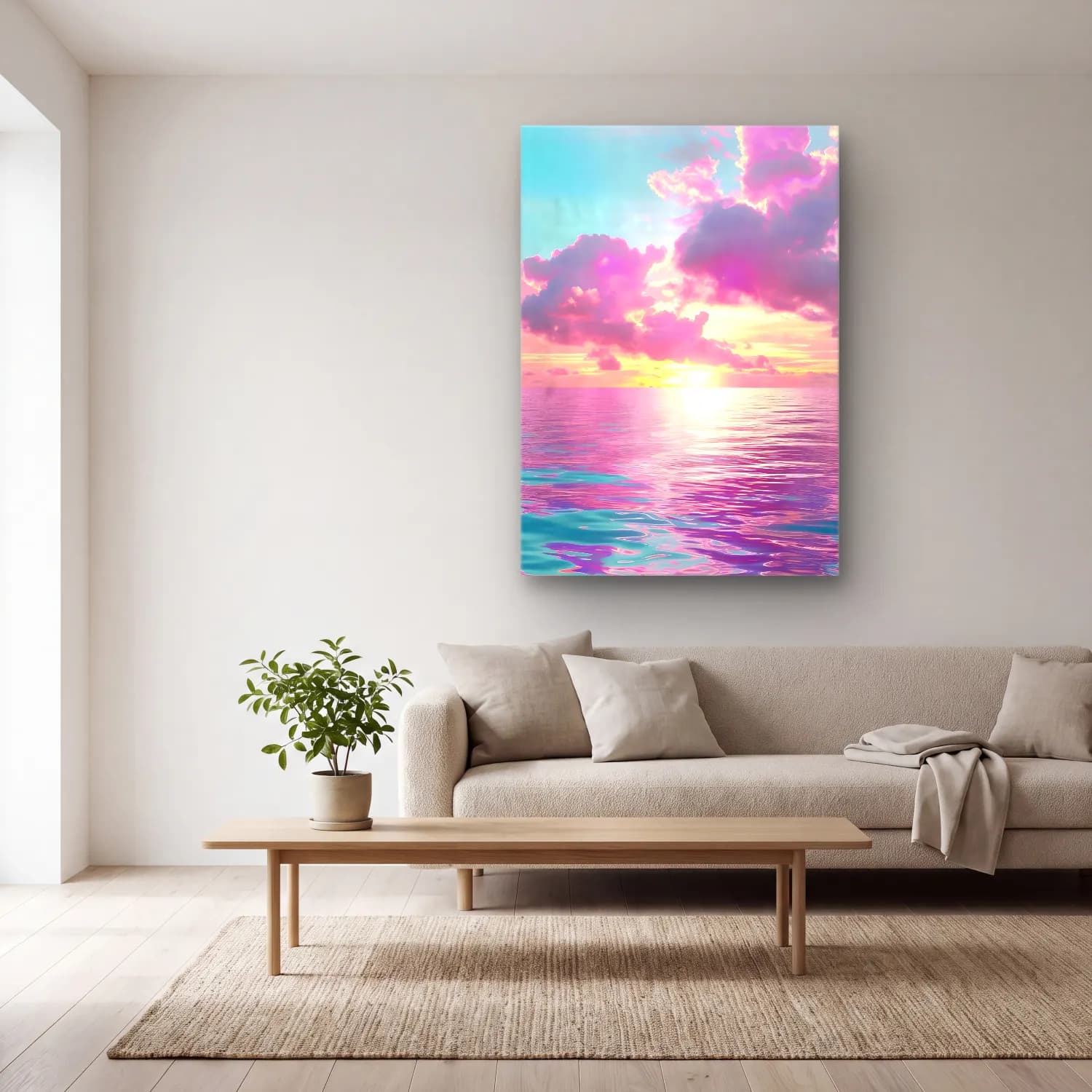 Pastel Sakin Deniz Ufku – Pembe Tonlar cam tablo — açık renk salonda