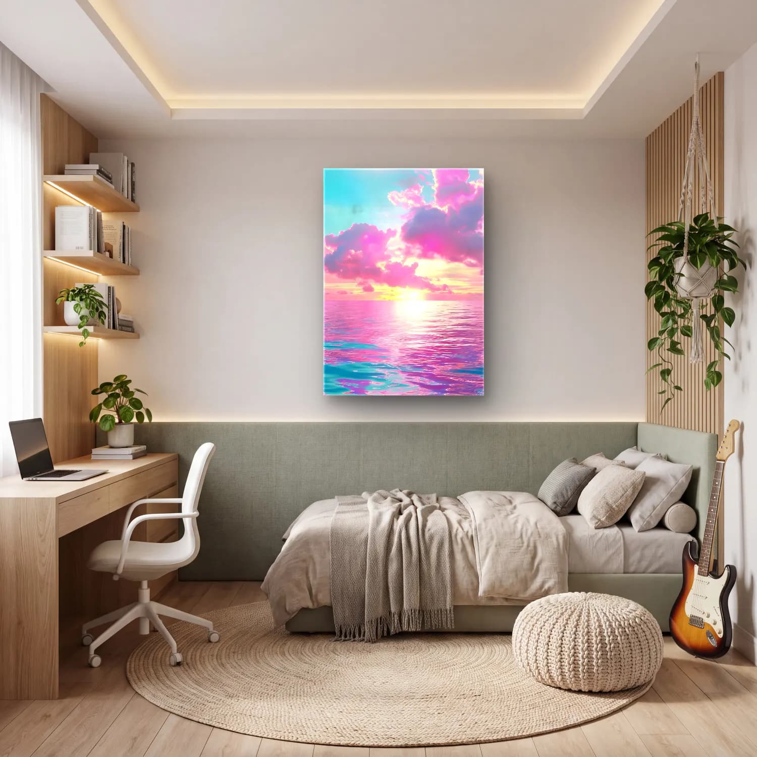 Pastel Sakin Deniz Ufku – Pembe Tonlar cam tablo — genç odasında
