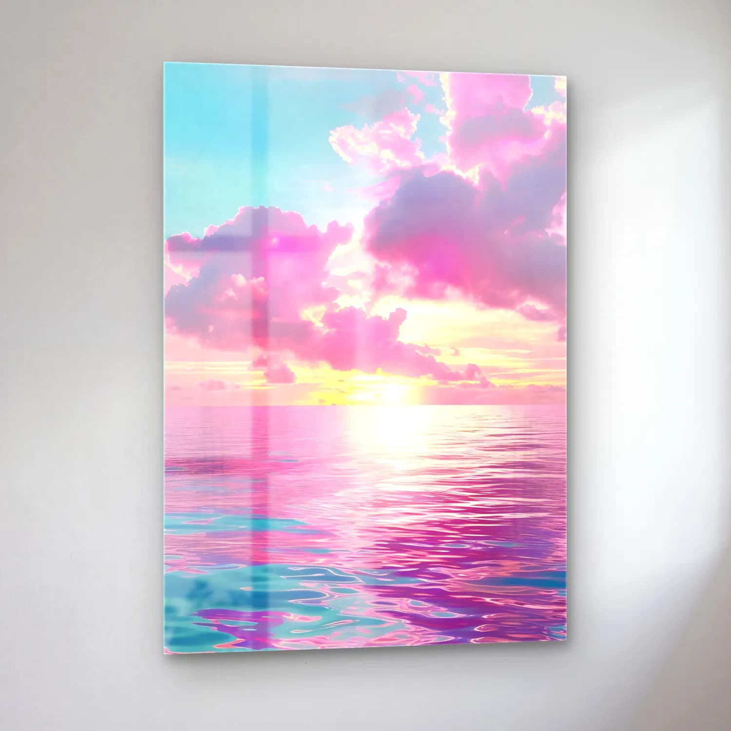 Pastel Sakin Deniz Ufku – Pembe Tonlar cam tablo — sol açıdan görünüm