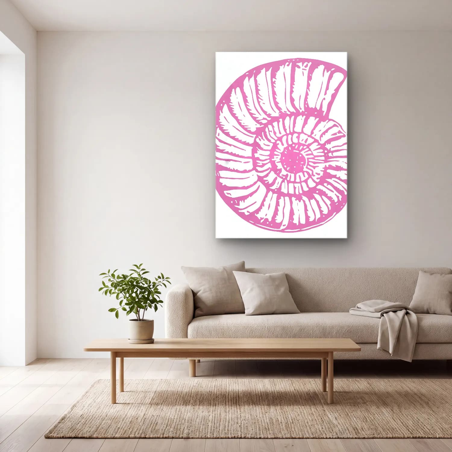Pastel Deniz Kabukları No. 6 cam tablo — açık renk salonda