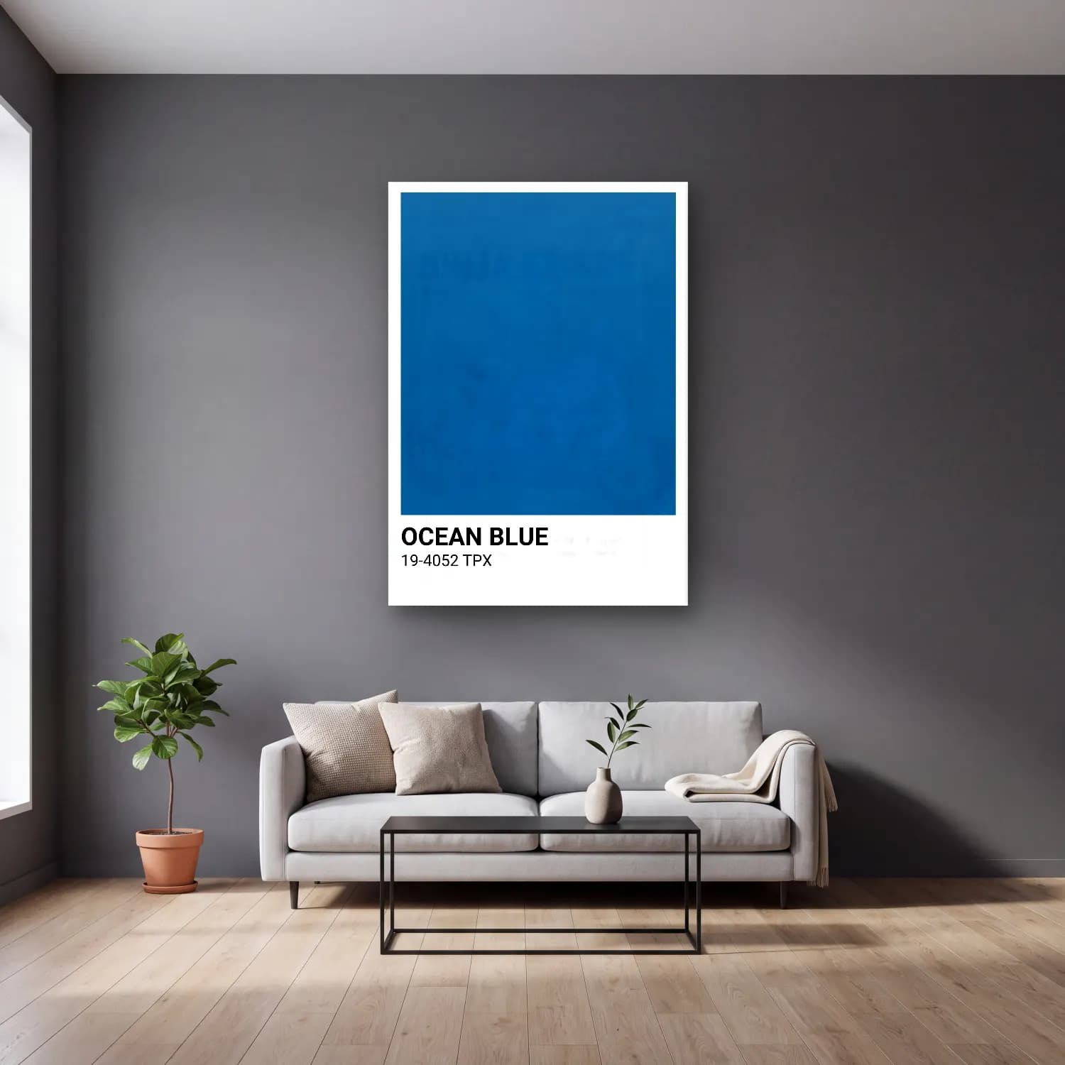 Pastel Renk Alanları No. 38 cam tablo — gri duvarlı salonda