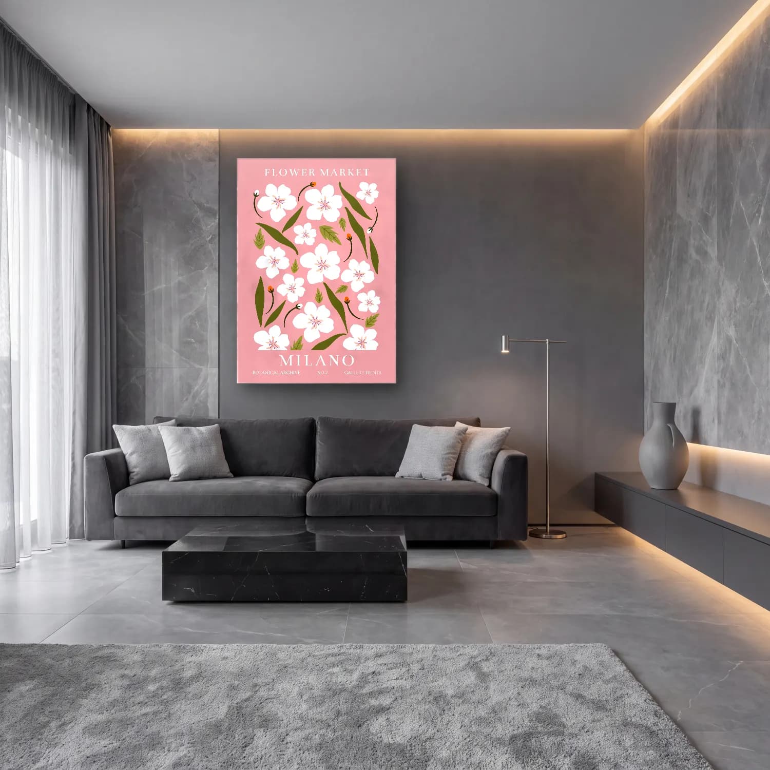 Pastel Çiçek Deseni No. 17 cam tablo — lüks salon duvarında