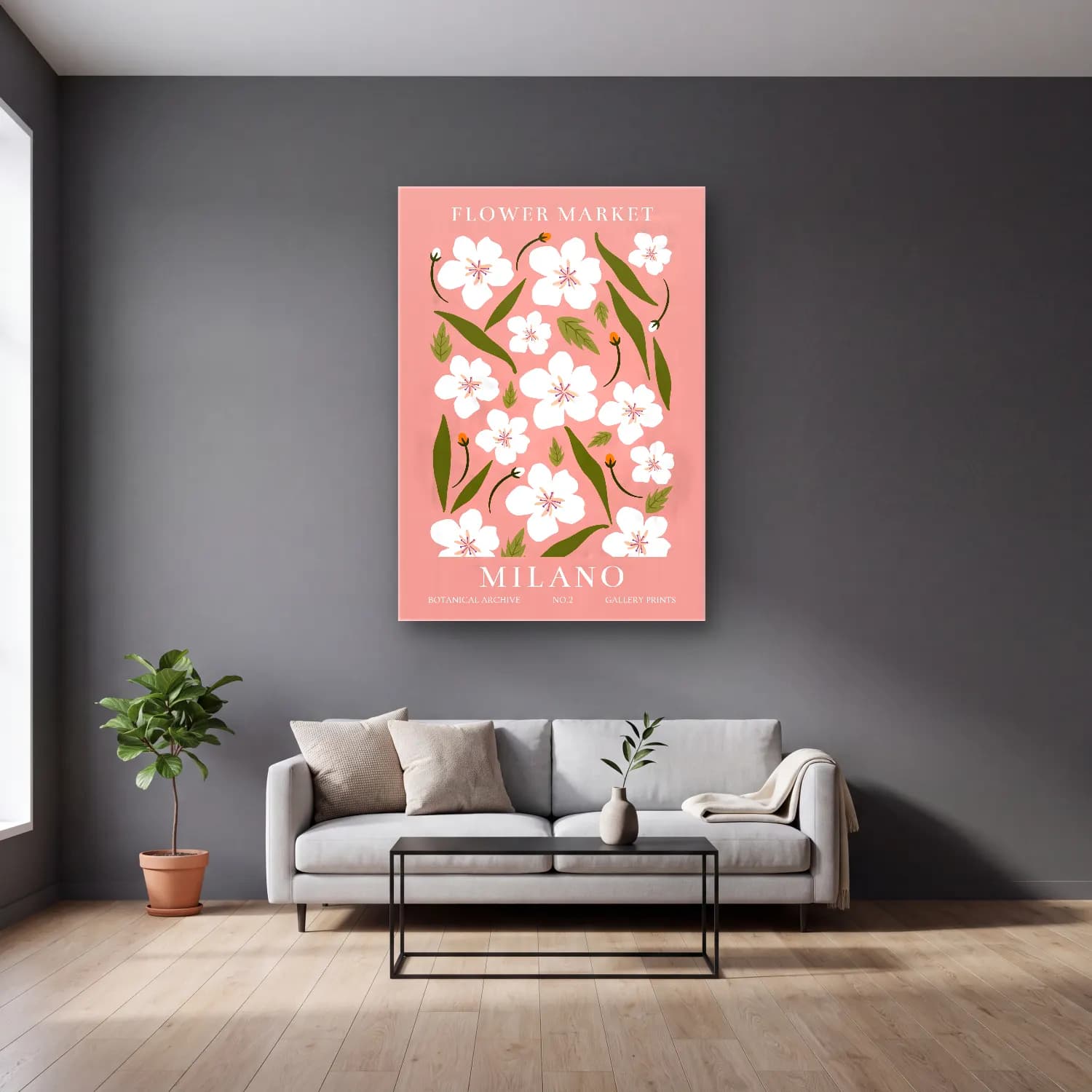 Pastel Çiçek Deseni No. 17 cam tablo — gri duvarlı salonda