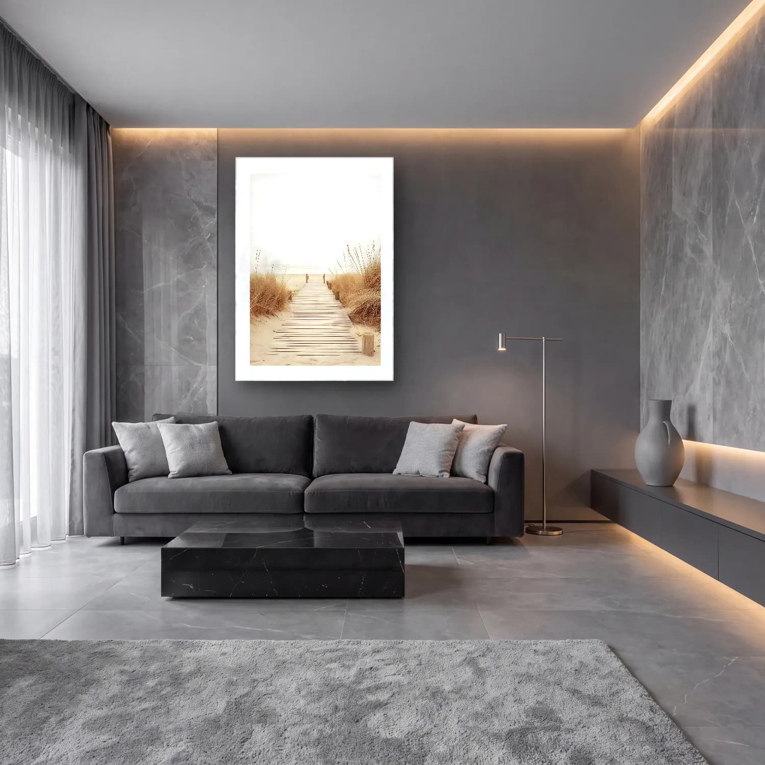 Pastel Sakin Deniz Ufku – Bej Tonlar cam tablo — lüks salon duvarında