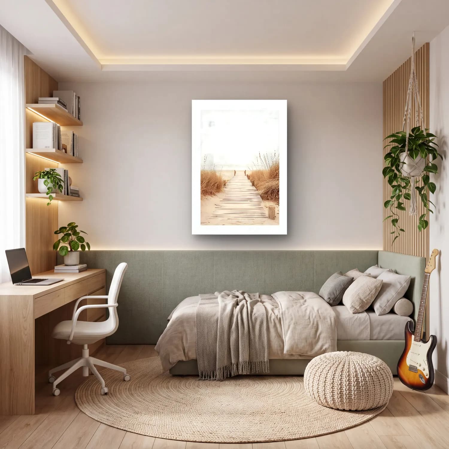 Pastel Sakin Deniz Ufku – Bej Tonlar cam tablo — genç odasında