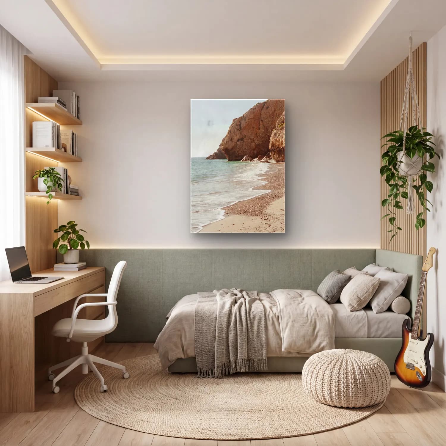 Pastel Dalgalı Sahil – Bej Tonlar cam tablo — genç odasında
