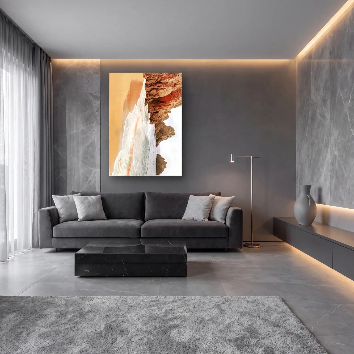 Pastel Dalgalı Sahil – Turuncu Tonlar cam tablo — lüks salon duvarında