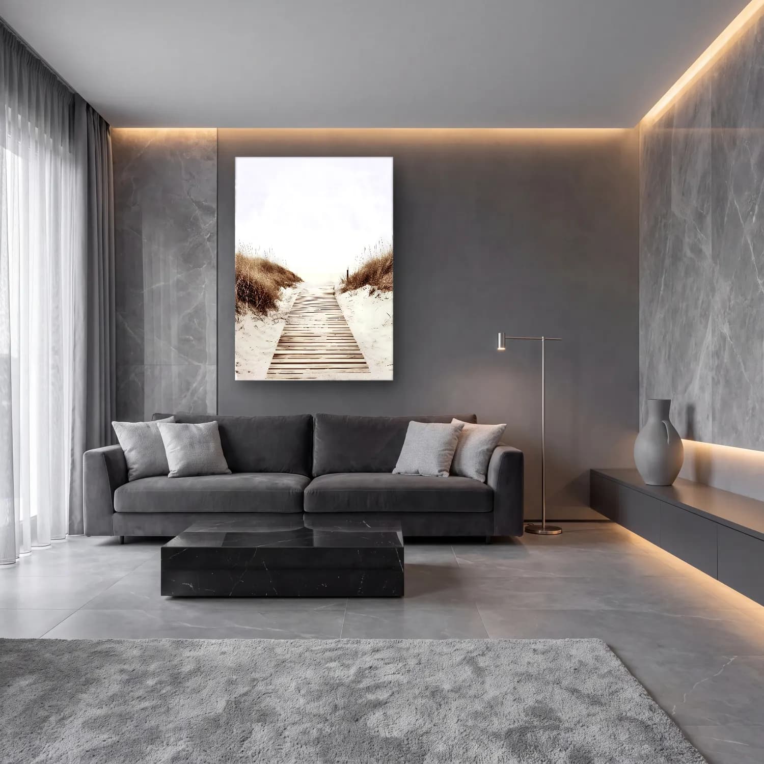 Pastel Sakin Deniz Ufku No. 4 cam tablo — lüks salon duvarında