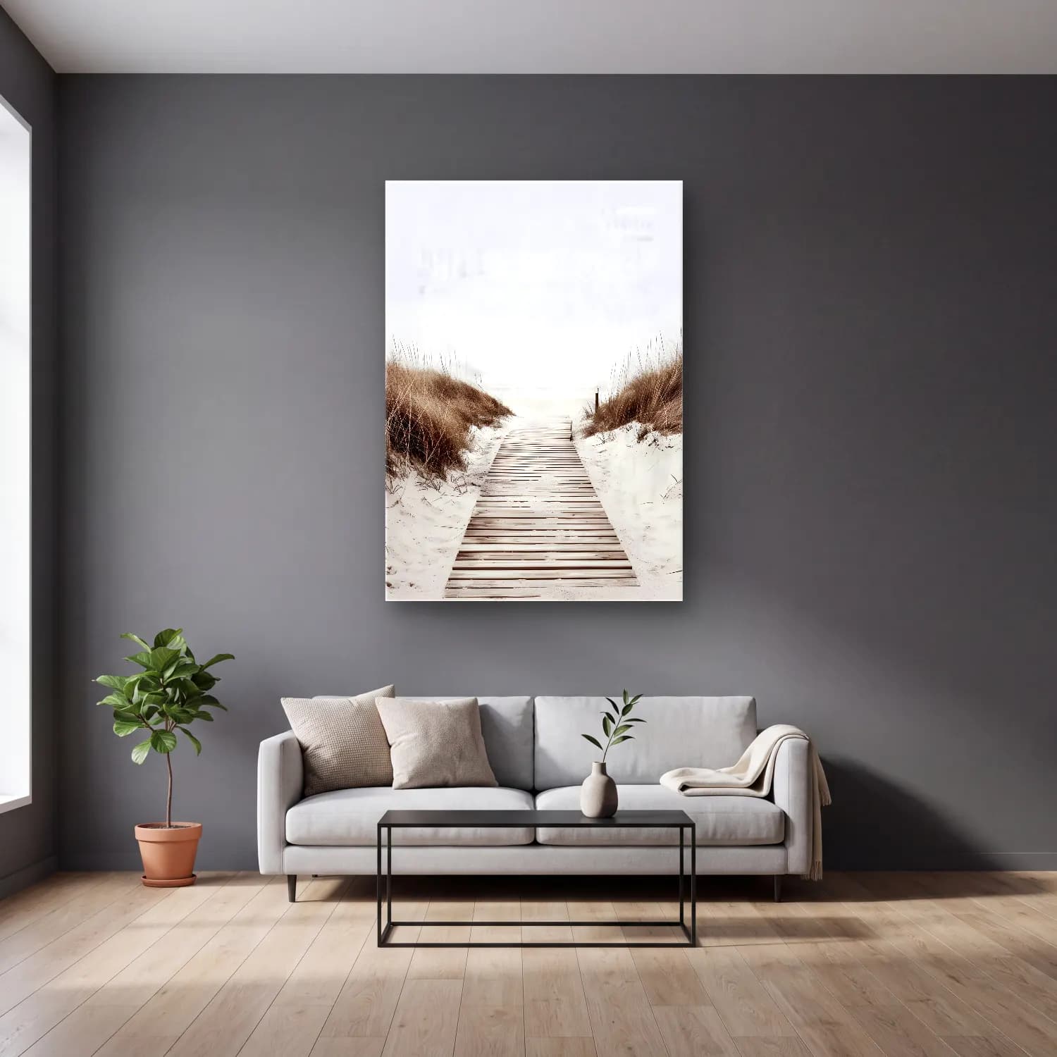 Pastel Sakin Deniz Ufku No. 4 cam tablo — gri duvarlı salonda