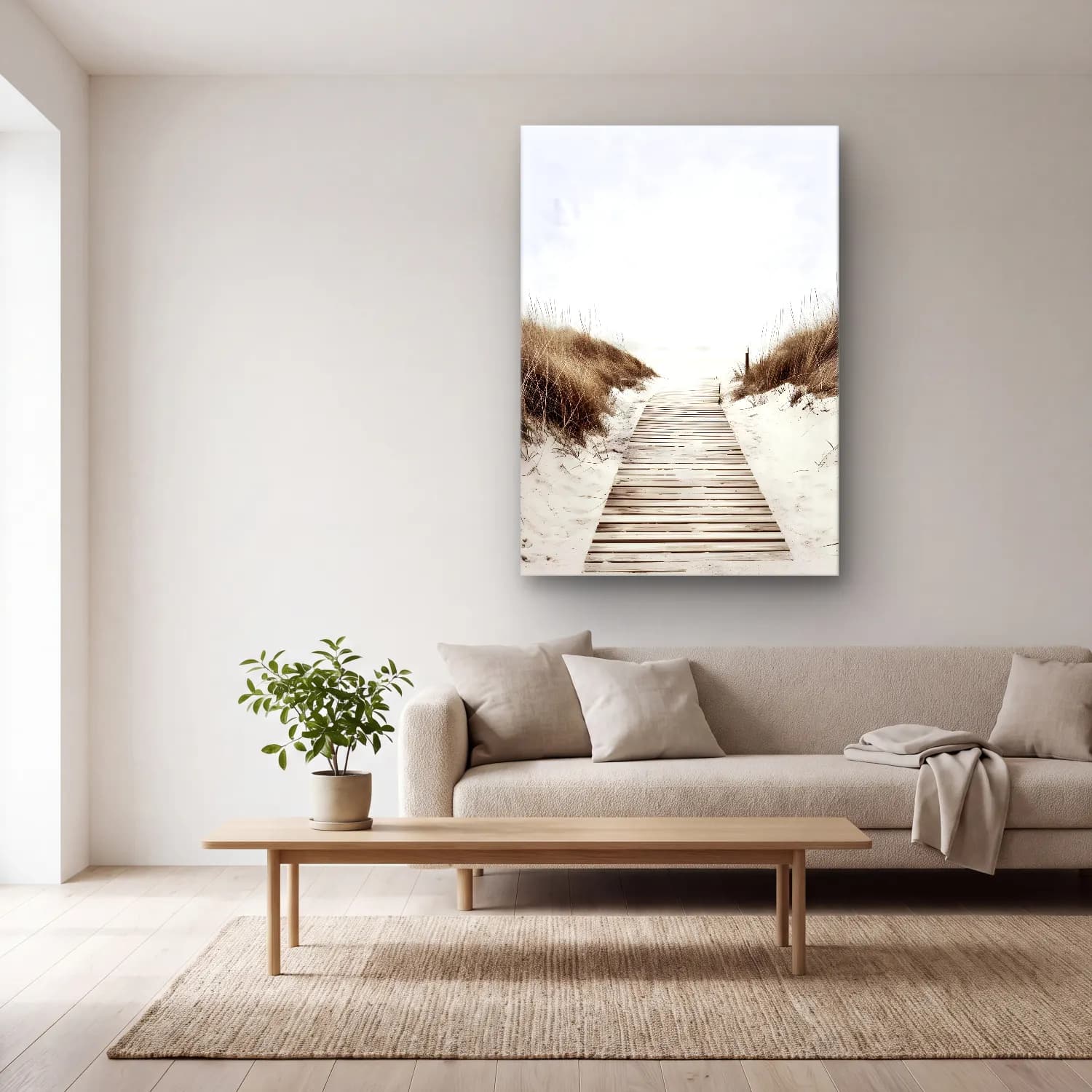 Pastel Sakin Deniz Ufku No. 4 cam tablo — açık renk salonda