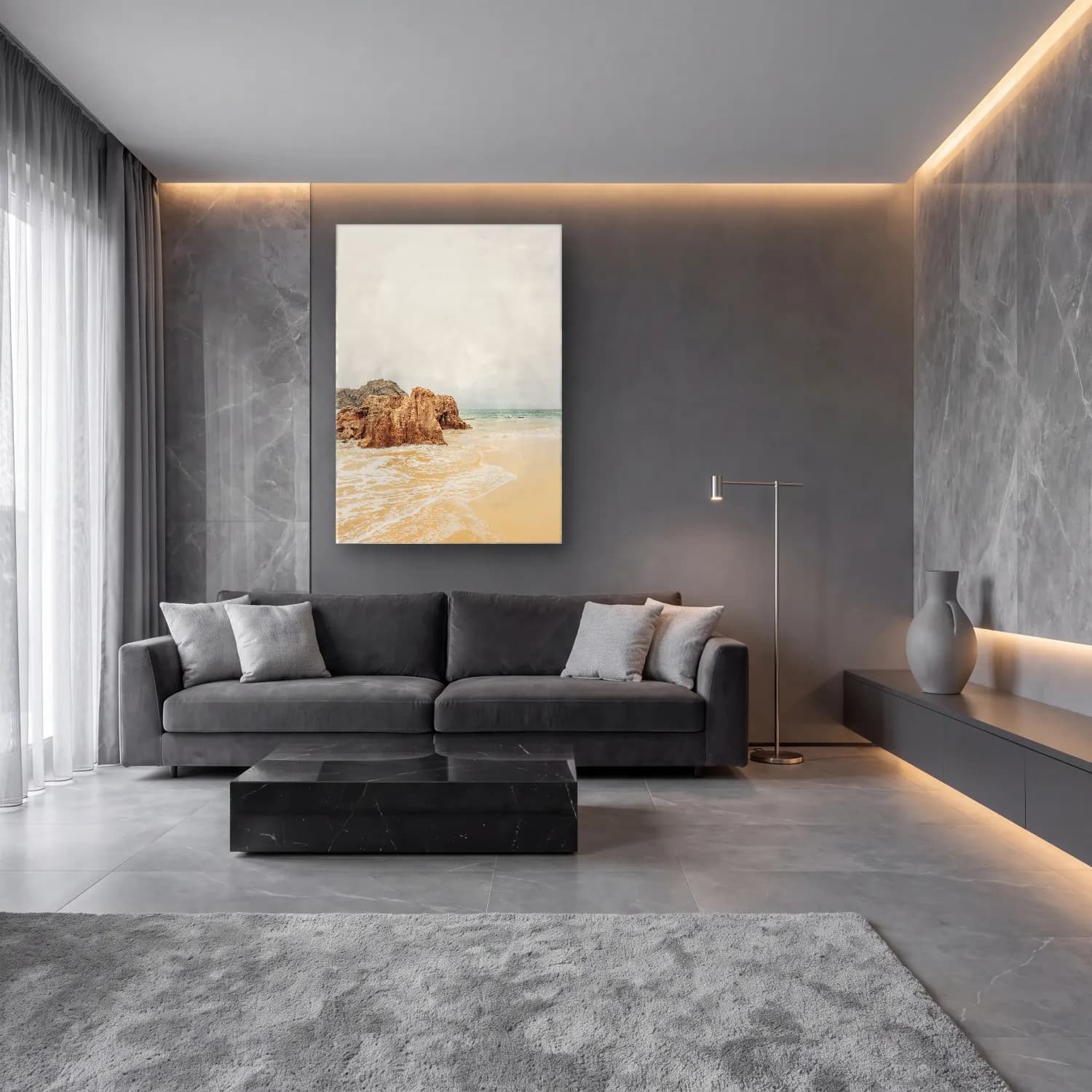 Pastel Dalgalı Sahil No. 4 cam tablo — lüks salon duvarında