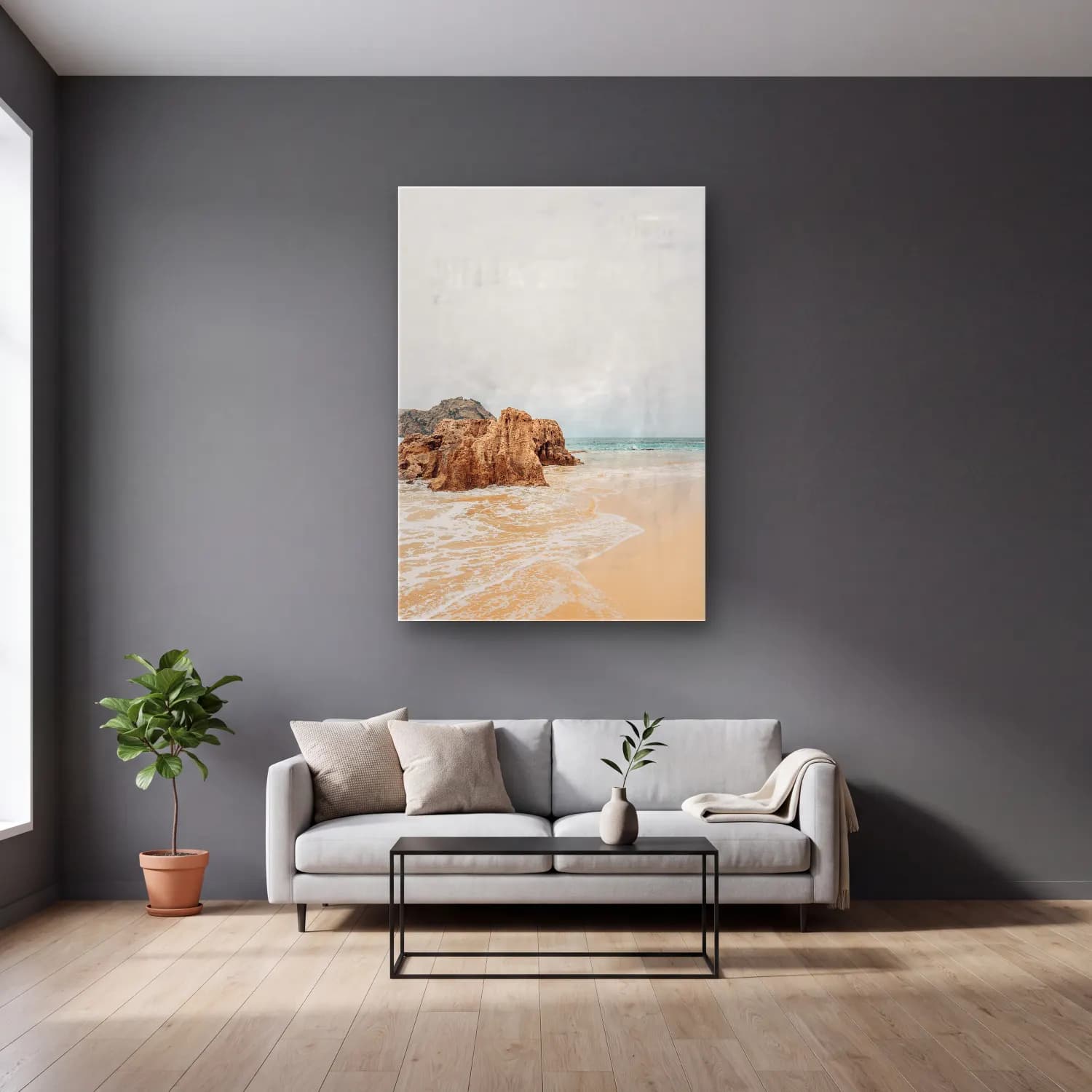 Pastel Dalgalı Sahil No. 4 cam tablo — gri duvarlı salonda