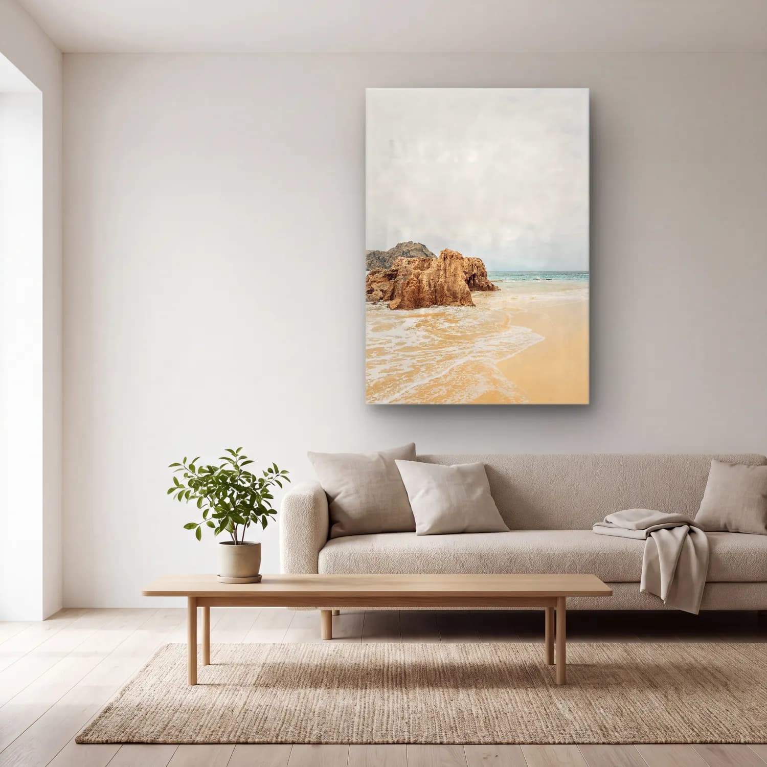Pastel Dalgalı Sahil No. 4 cam tablo — açık renk salonda