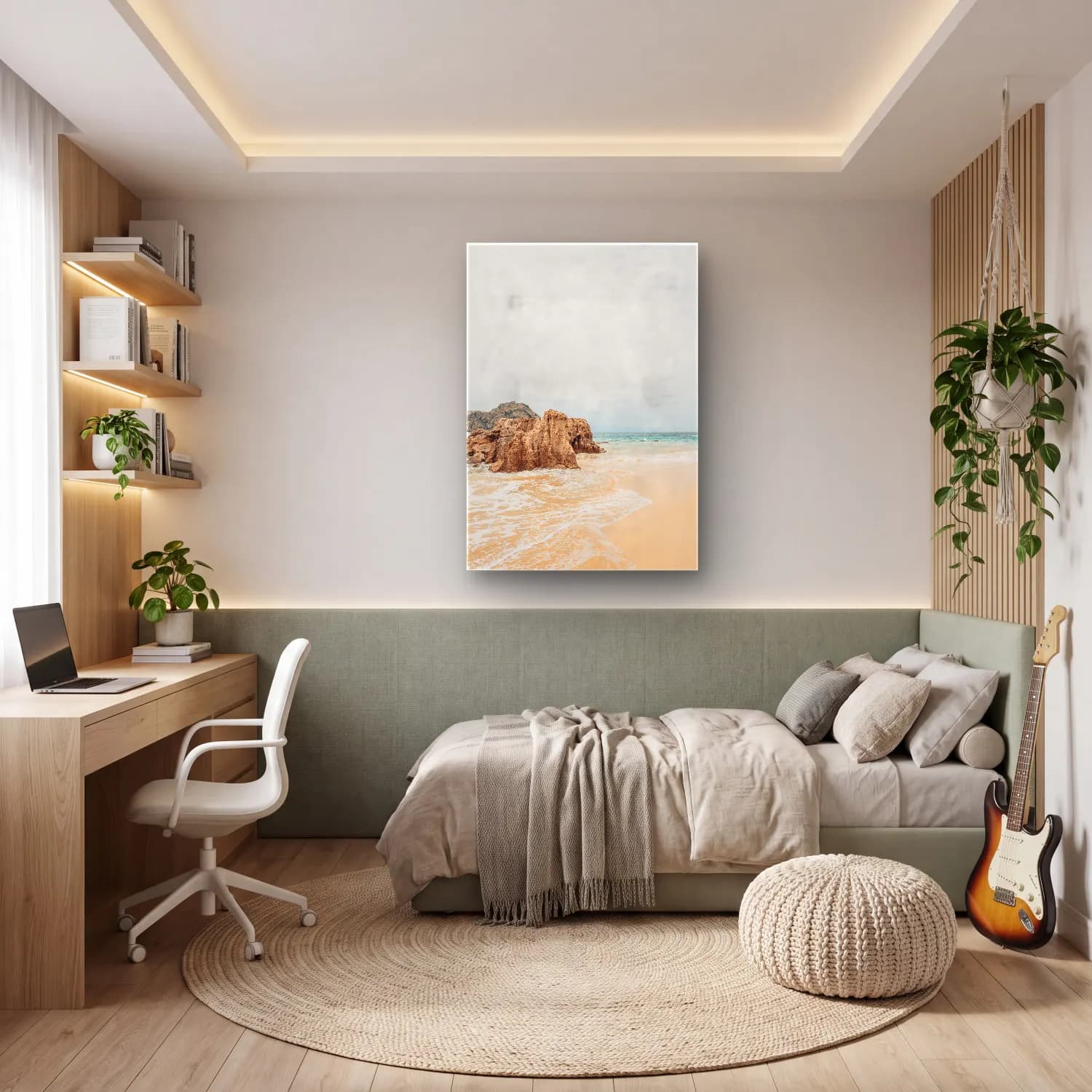 Pastel Dalgalı Sahil No. 4 cam tablo — genç odasında