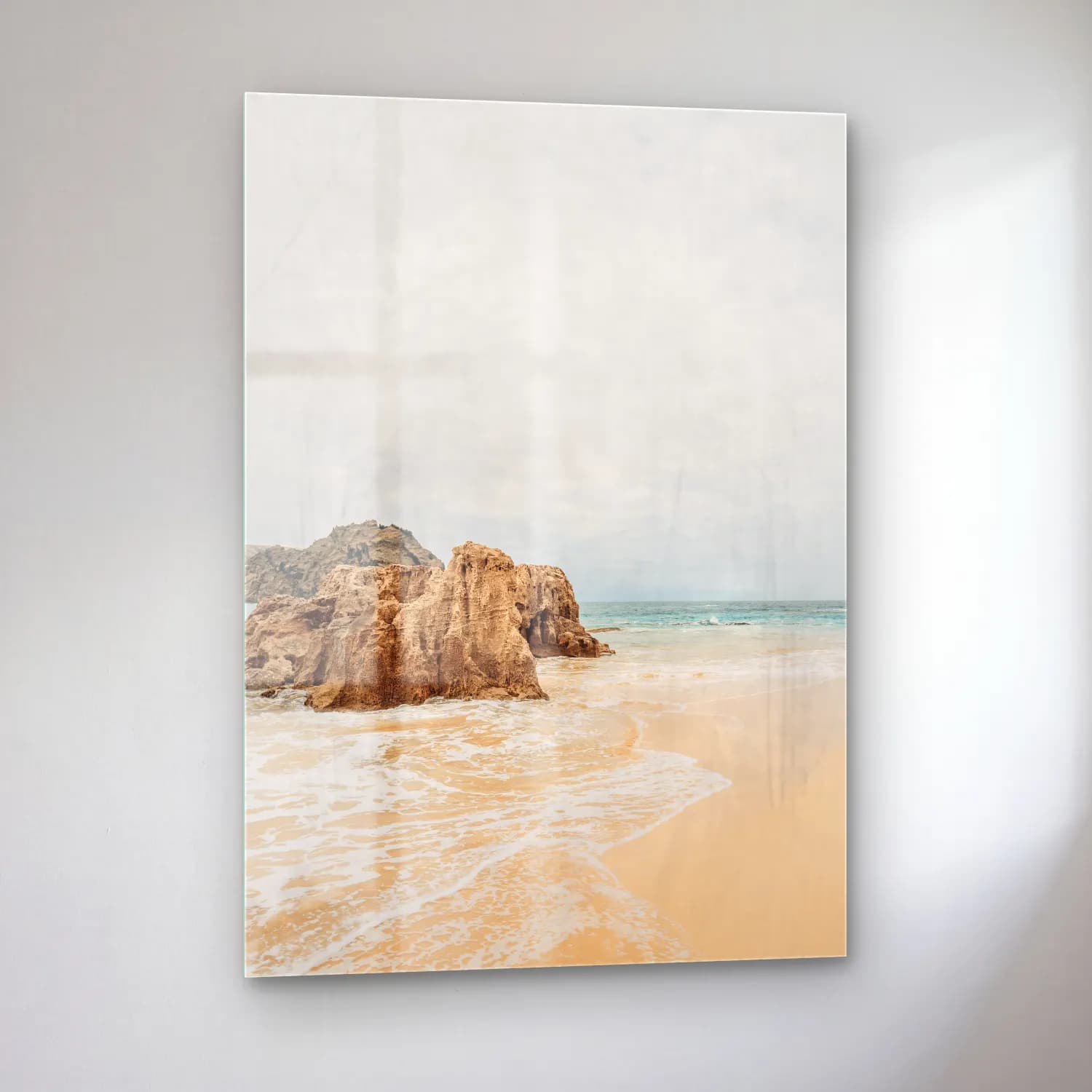 Pastel Dalgalı Sahil No. 4 cam tablo — sol açıdan görünüm