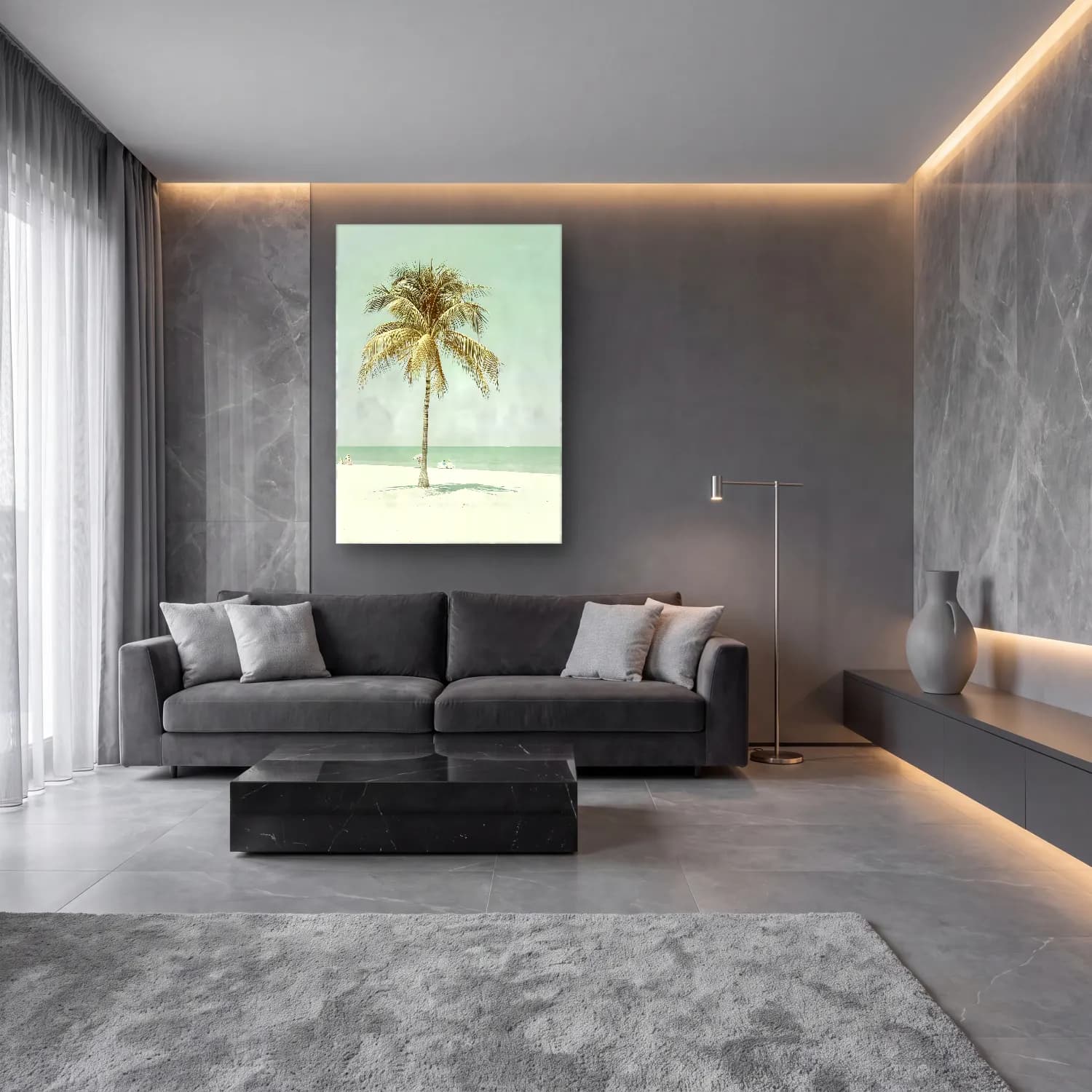 Pastel Palmiyeli Tropik Sahil No. 4 cam tablo — lüks salon duvarında