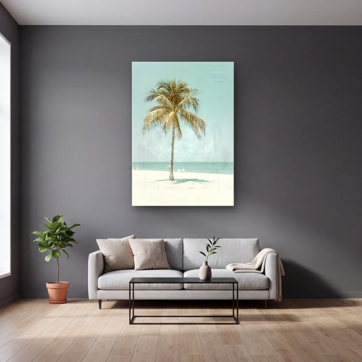 Pastel Palmiyeli Tropik Sahil No. 4 cam tablo — gri duvarlı salonda