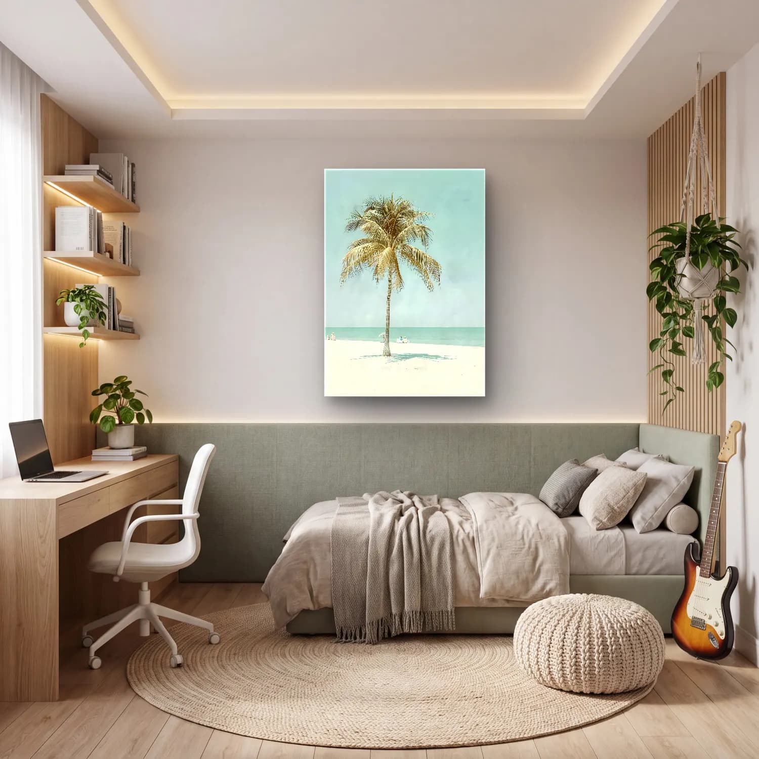 Pastel Palmiyeli Tropik Sahil No. 4 cam tablo — genç odasında