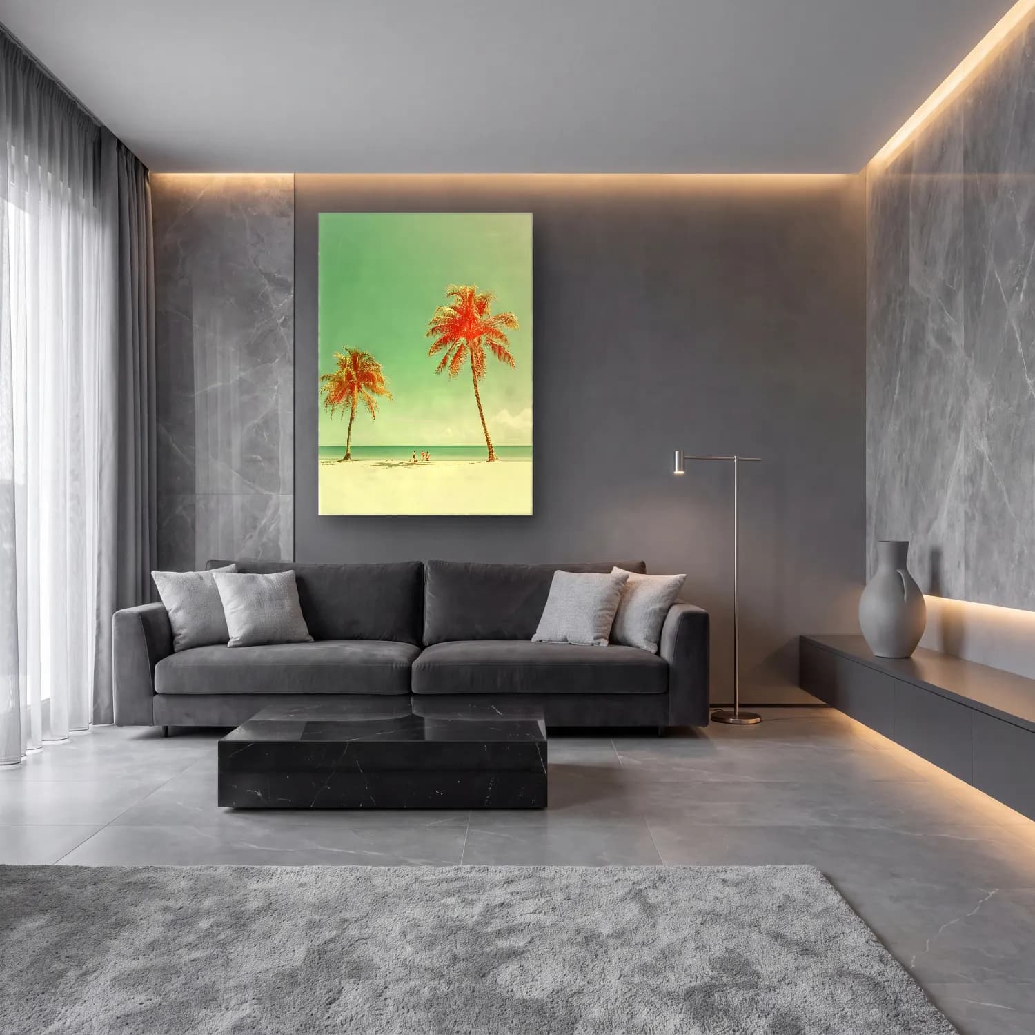 Pastel Palmiyeli Tropik Sahil No. 5 cam tablo — lüks salon duvarında