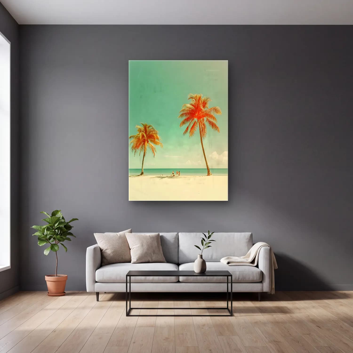 Pastel Palmiyeli Tropik Sahil No. 5 cam tablo — gri duvarlı salonda