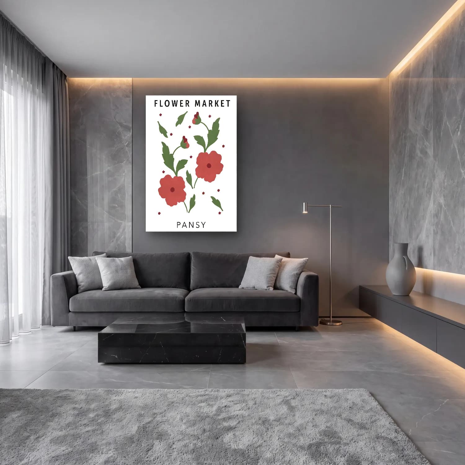Pastel Çiçek Deseni No. 18 cam tablo — lüks salon duvarında