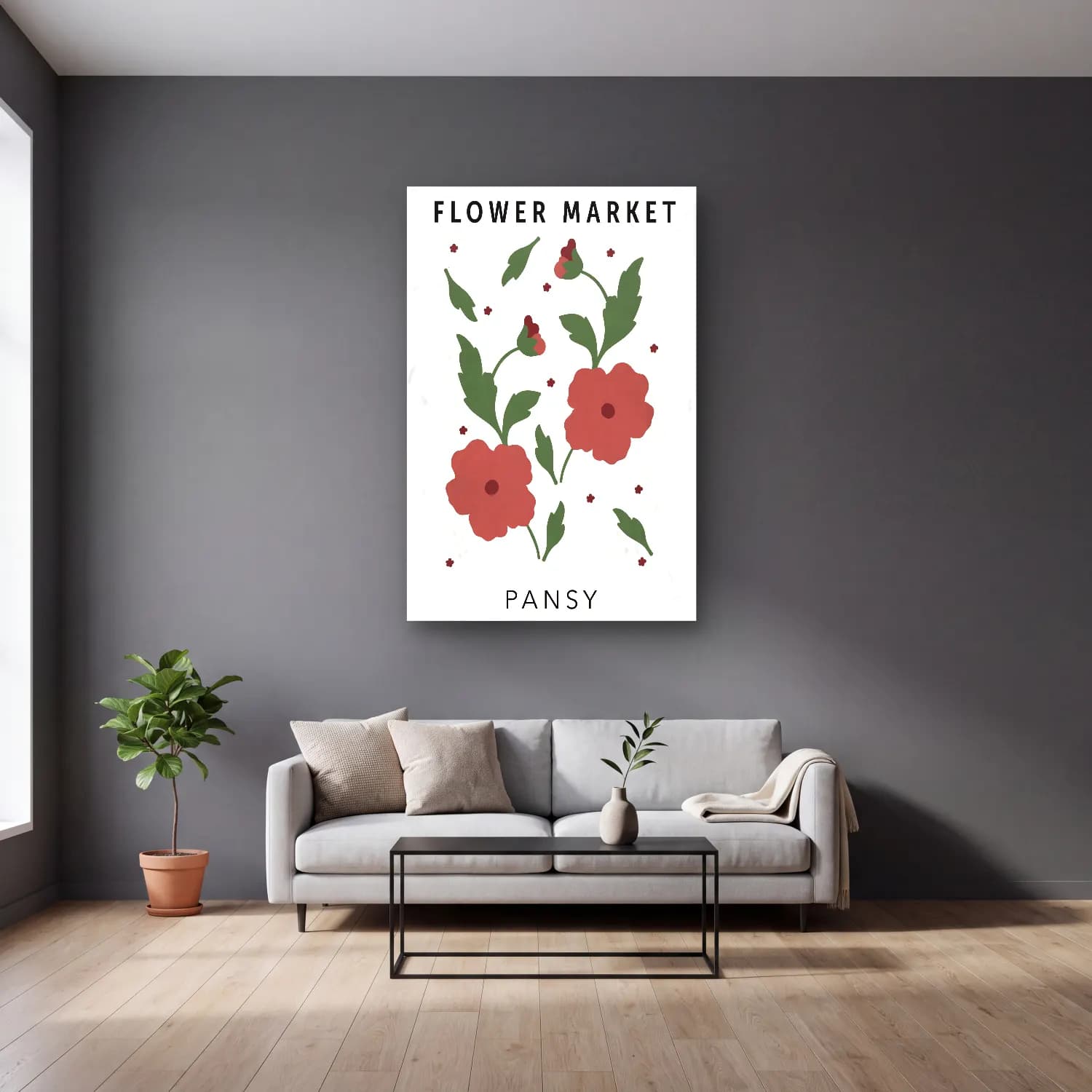 Pastel Çiçek Deseni No. 18 cam tablo — gri duvarlı salonda