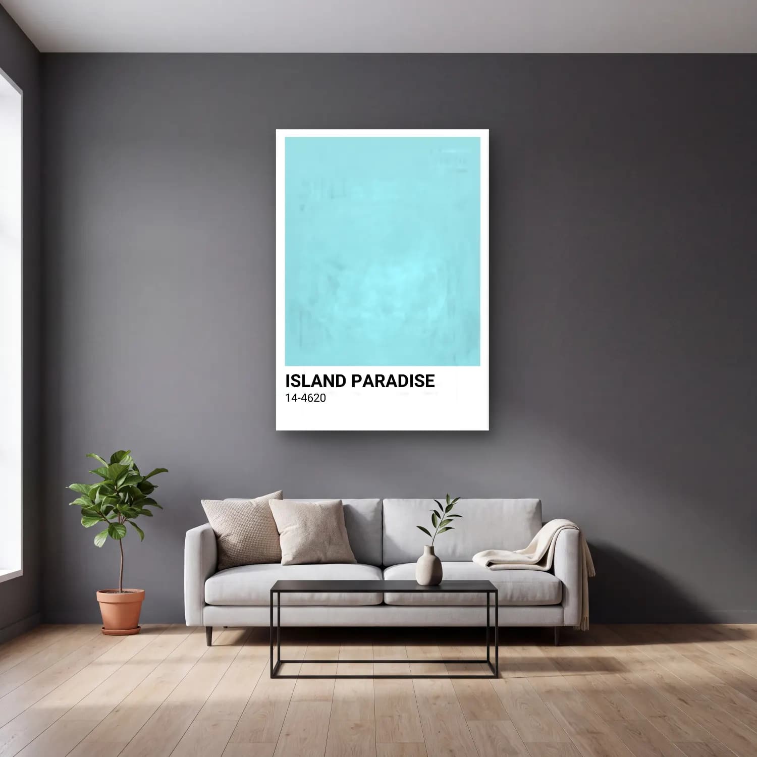 Pastel Palmiyeli Tropik Sahil No. 6 cam tablo — gri duvarlı salonda