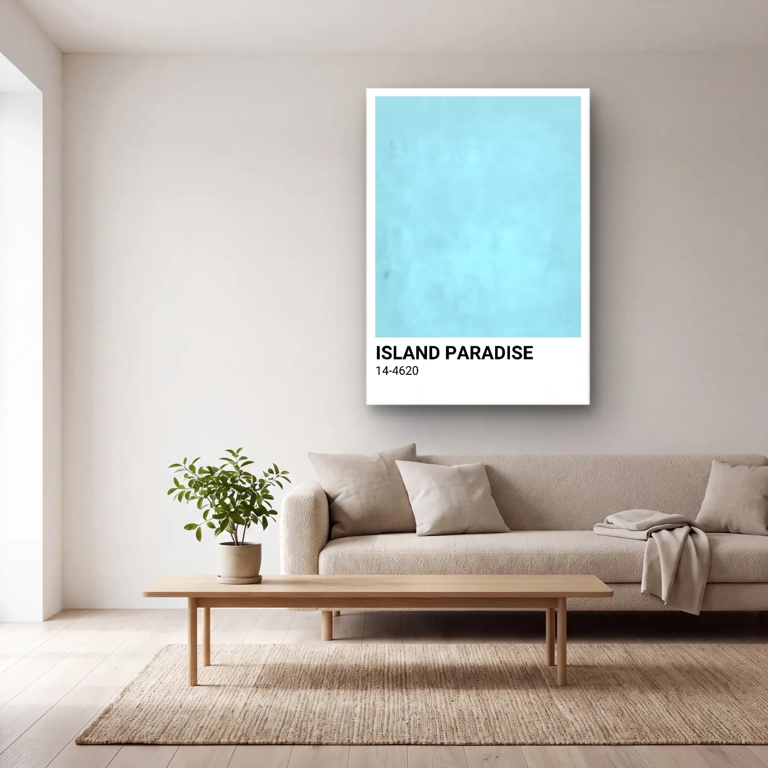 Pastel Palmiyeli Tropik Sahil No. 6 cam tablo — açık renk salonda