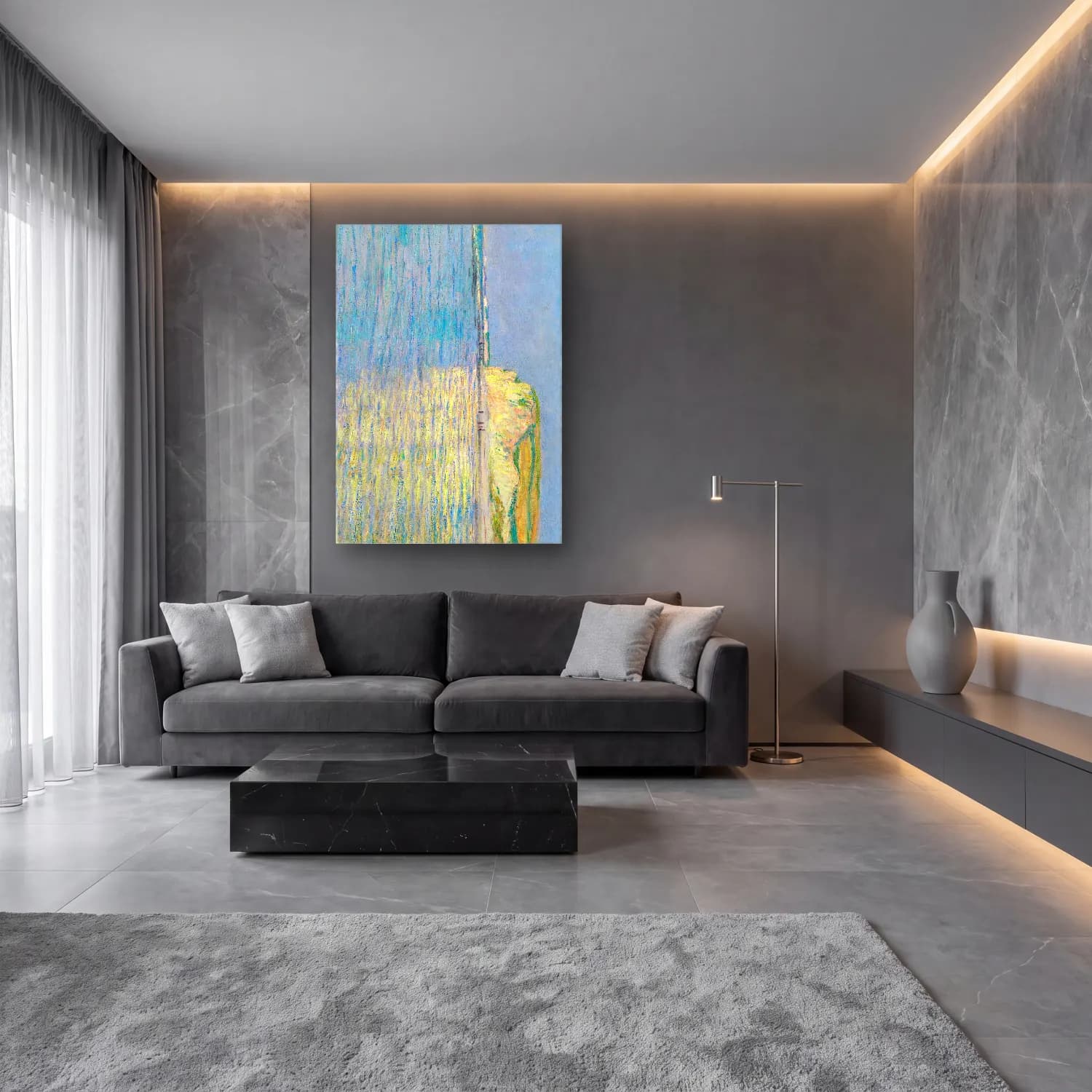 Empresyonist Deniz Feneri No. 5 cam tablo — lüks salon duvarında