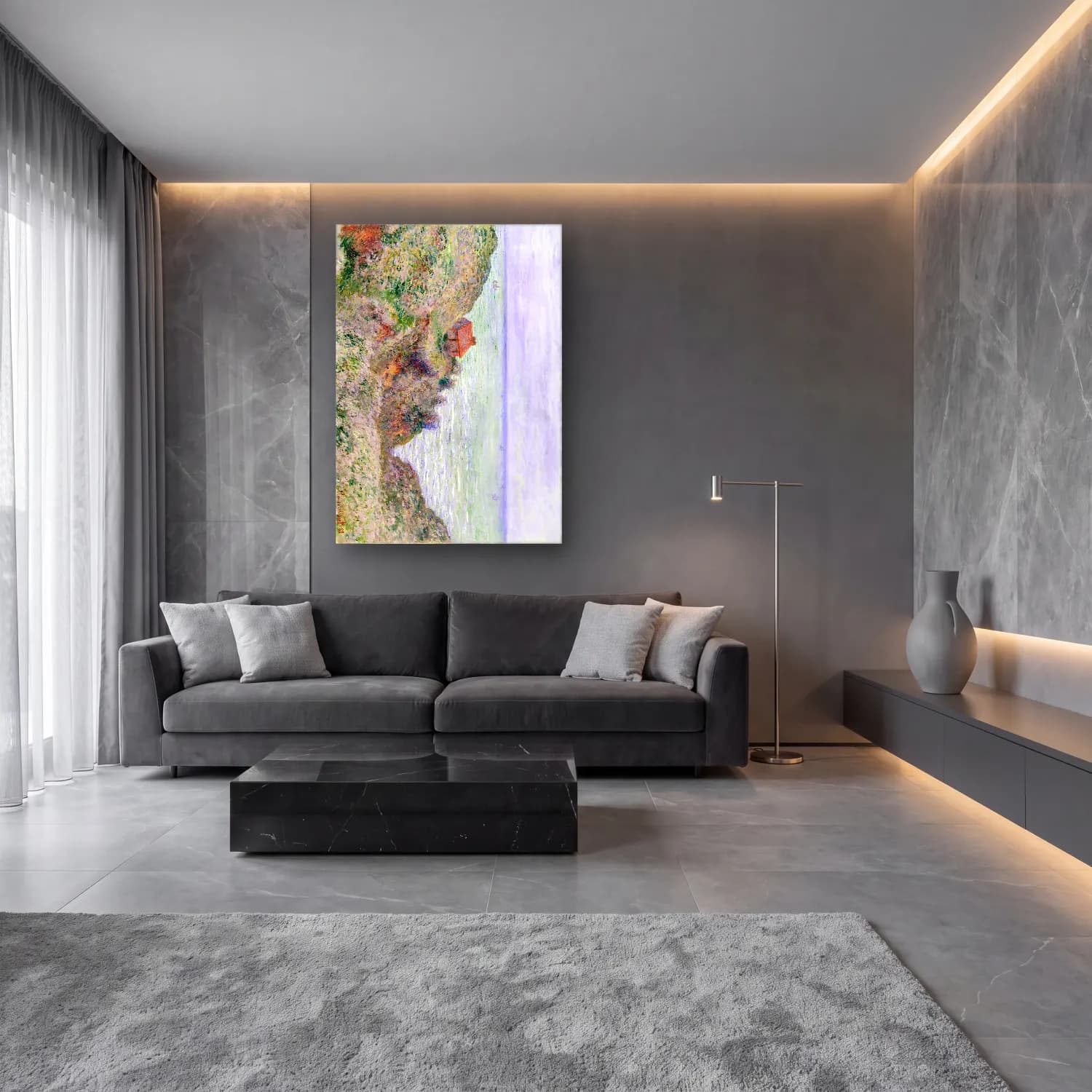 Empresyonist Deniz Feneri No. 6 cam tablo — lüks salon duvarında