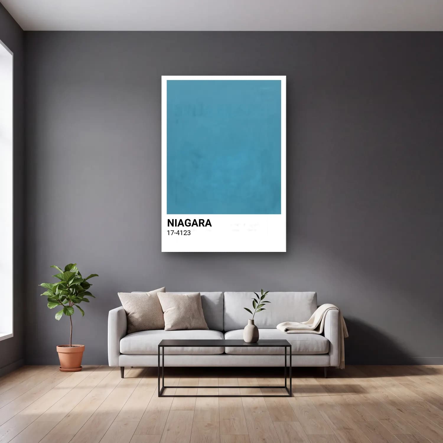Pastel Renk Alanları No. 39 cam tablo — gri duvarlı salonda