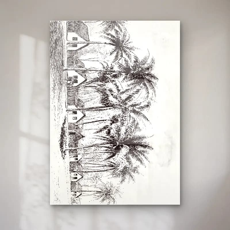 Vintage Palmiyeli Tropik Sahil – Siyah Beyaz Tonlar cam tablo — Vintage Palmiyeli Tropik Sahil – Siyah Beyaz Tonlar — vintage palmiyeli tropik sahil