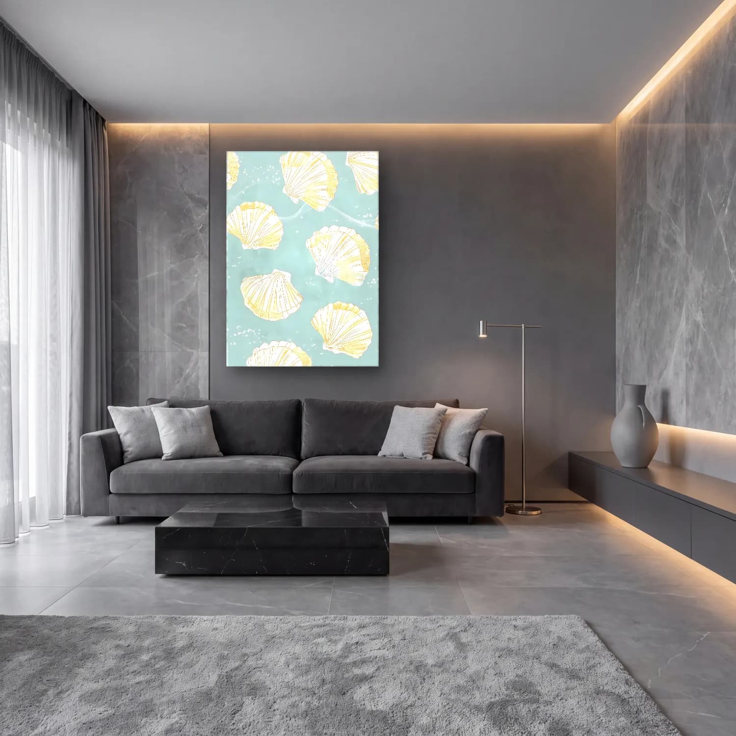 Pastel Deniz Kabukları No. 8 cam tablo — lüks salon duvarında