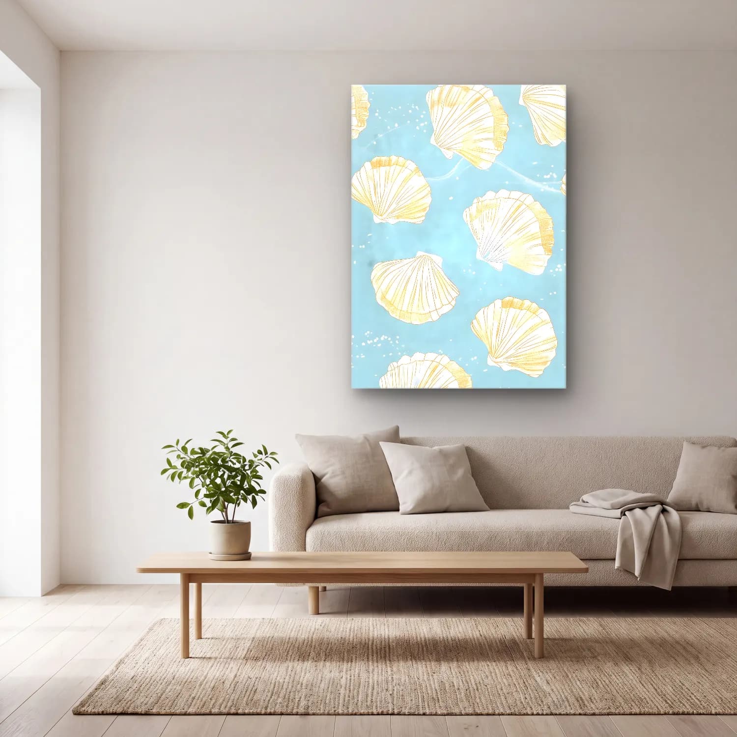 Pastel Deniz Kabukları No. 8 cam tablo — açık renk salonda