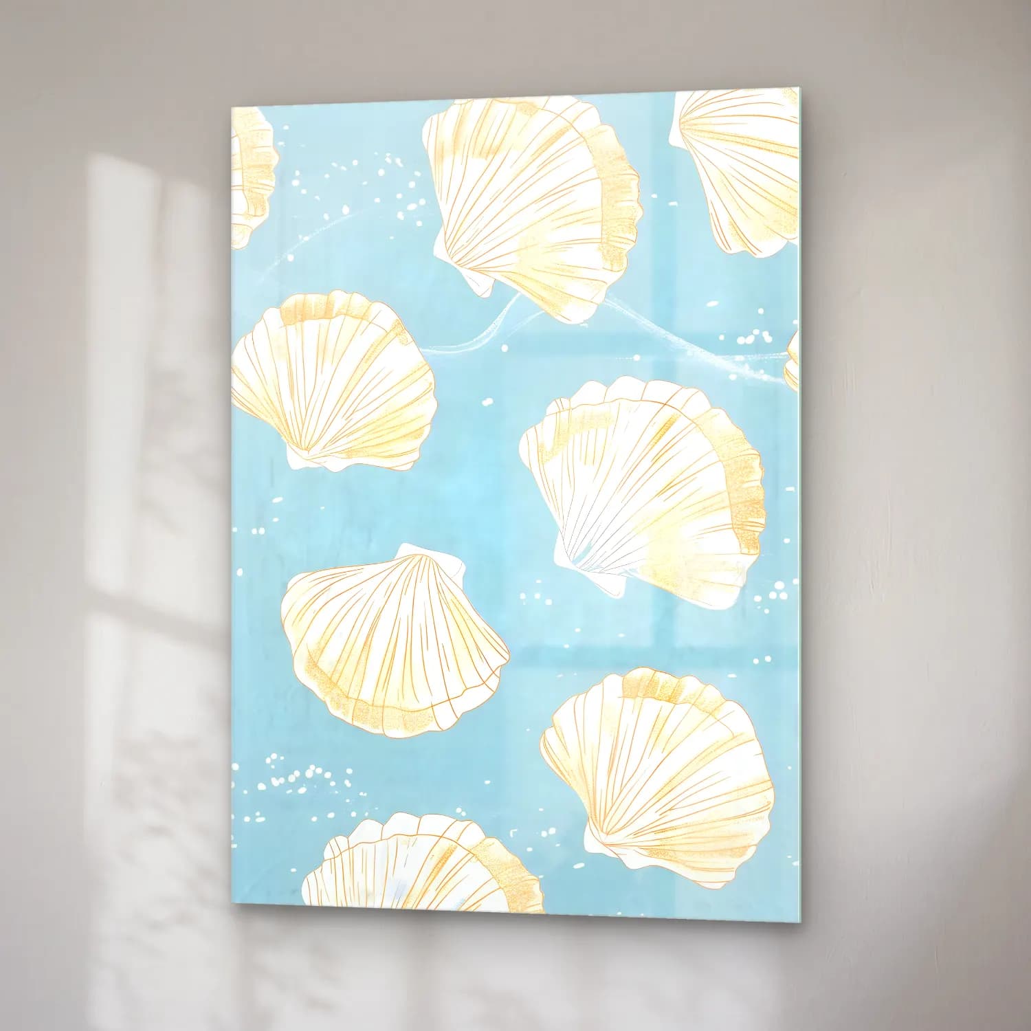 Pastel Deniz Kabukları No. 8 cam tablo — sağ açıdan görünüm