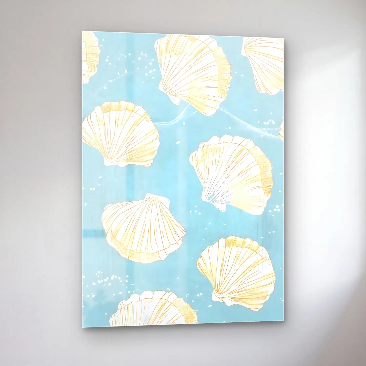 Pastel Deniz Kabukları No. 8 cam tablo — sol açıdan görünüm